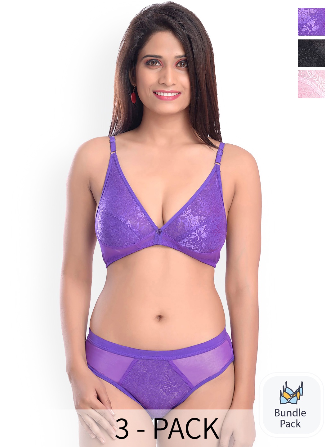 

Aamarsh Set of 3 Self-Design Non-Padded Cotton Lingerie Set, Purple