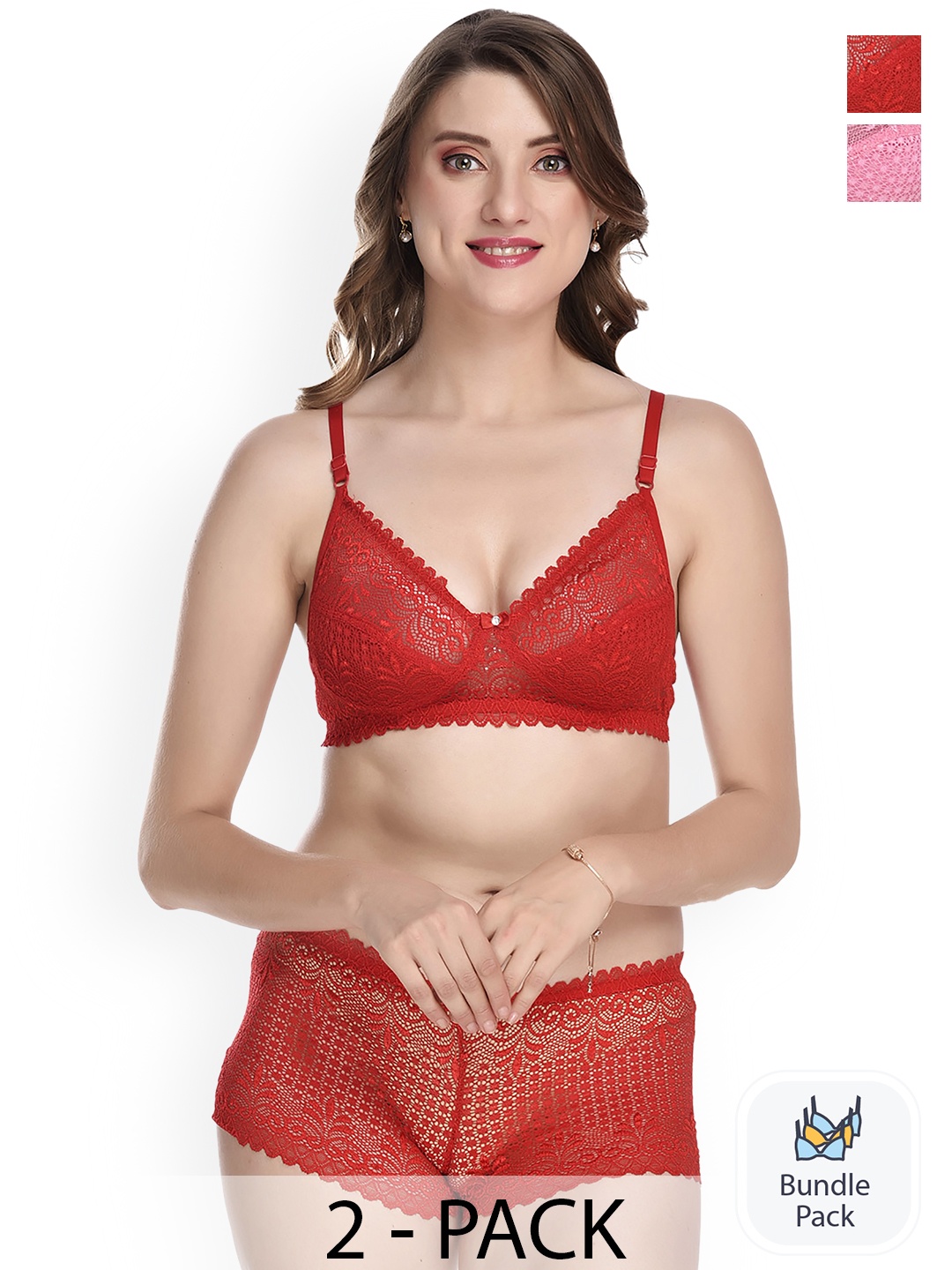 Aamarsh Pack Of 2 Laced Cotton Lingerie Set, Red