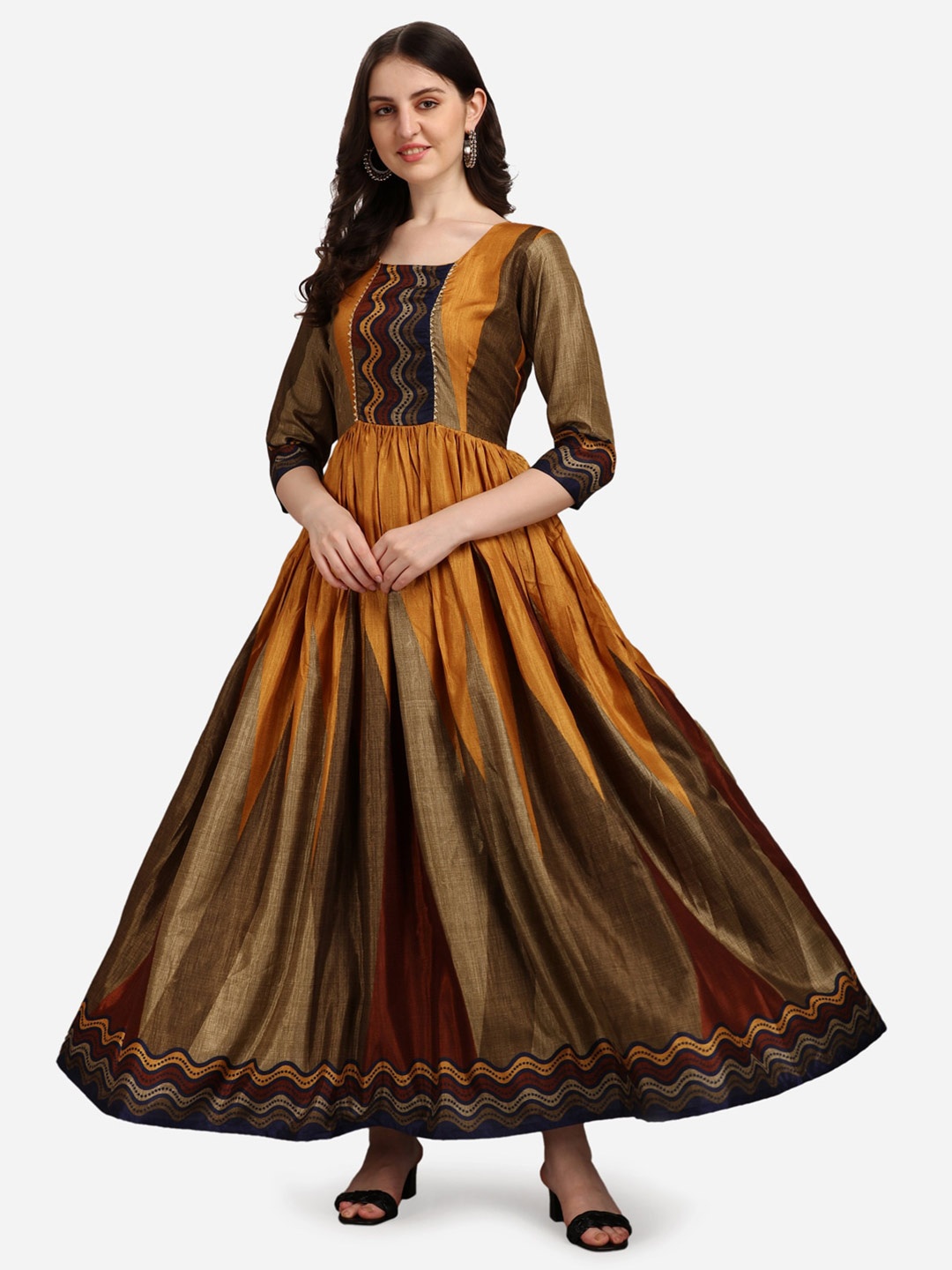 

KALINI Colourblocked Gathered Maxi Ethnic Dress, Mustard