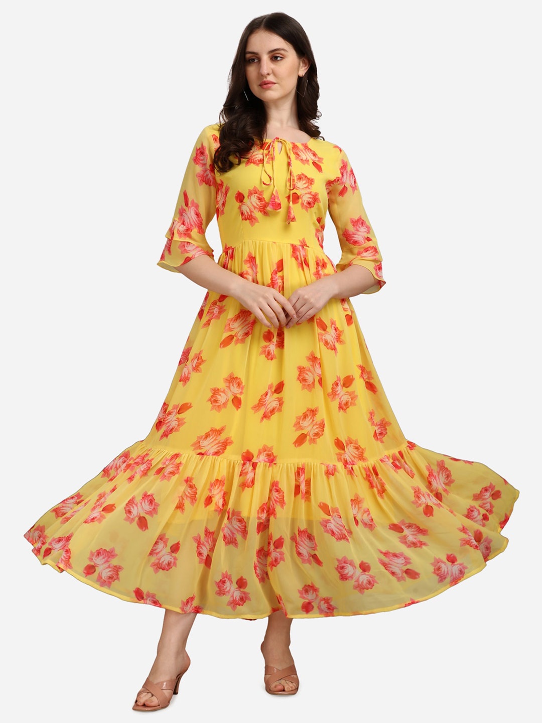 

KALINI Floral Printed Bell Sleeves Gathered Maxi Dress, Yellow