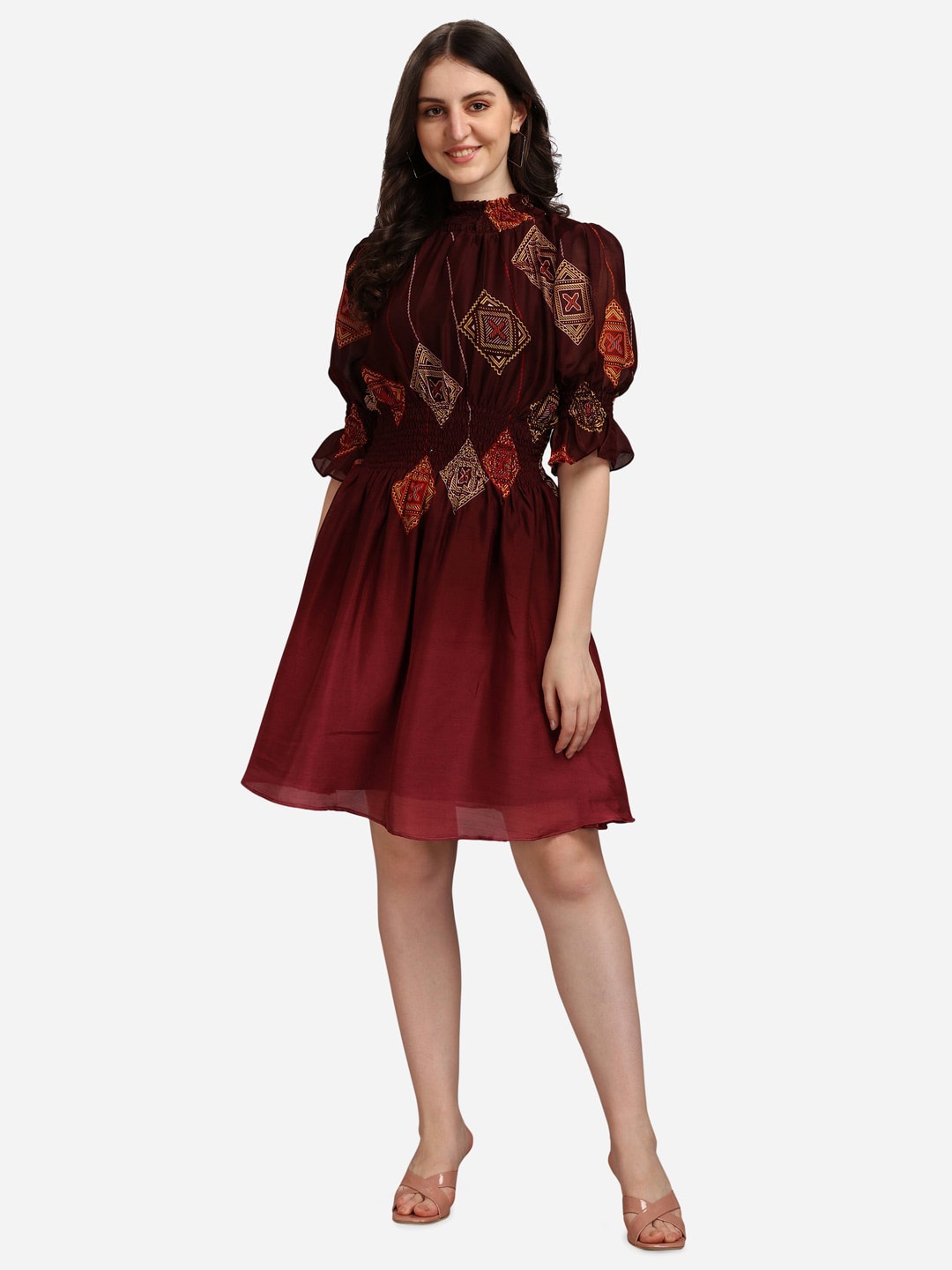 

KALINI Floral Printed High Neck Puff Sleeve Fit & Flare Dress, Maroon