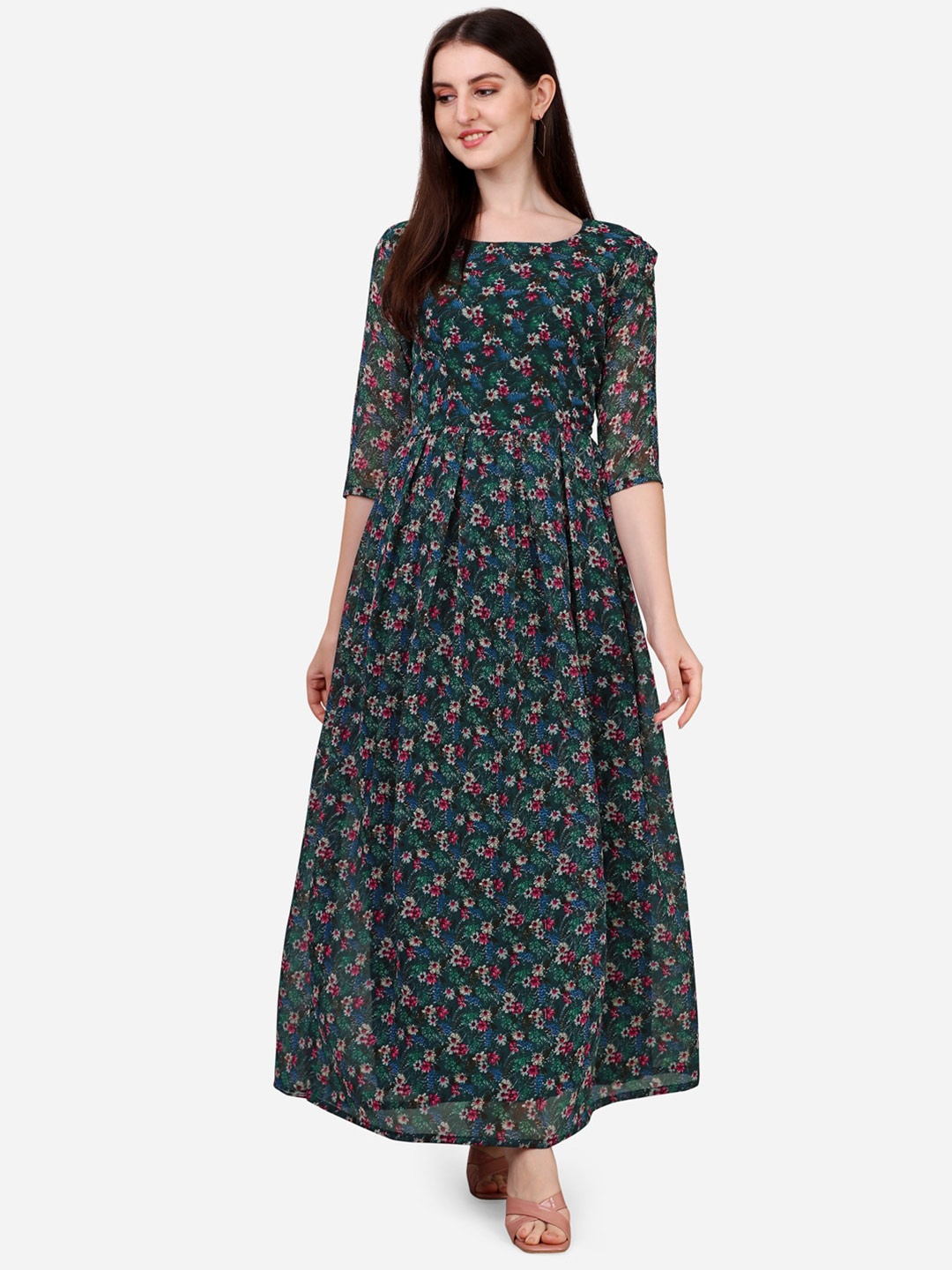 KALINI Floral Printed Round Neck Pleated Georgette Maxi Dress, Green