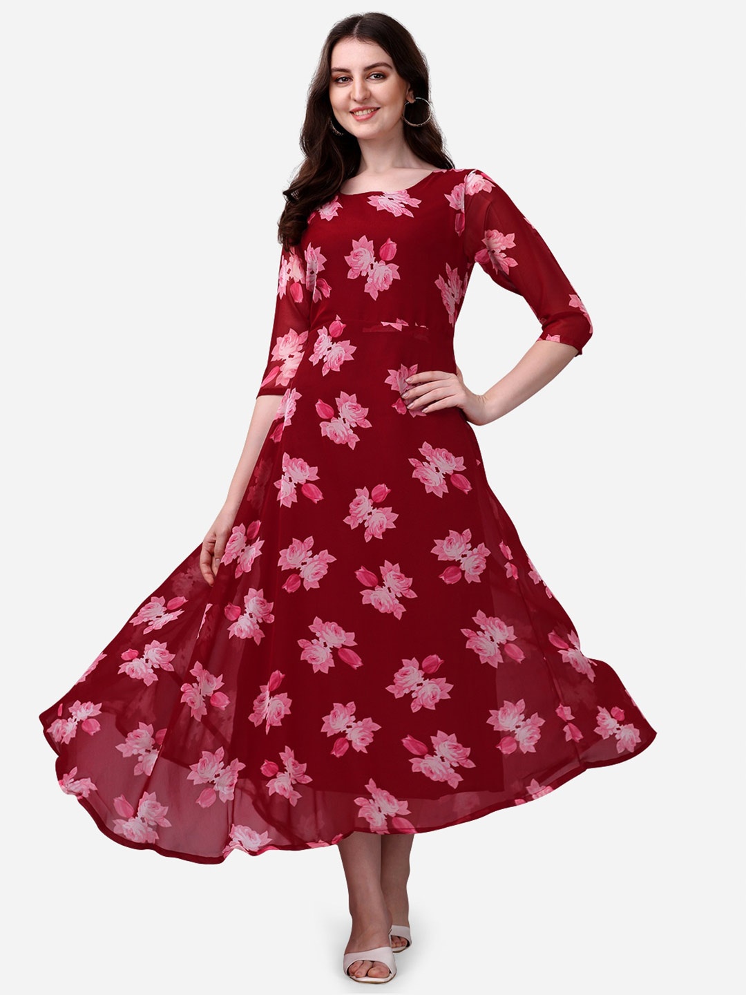 KALINI Floral Printed Round Neck Georgette Fit & Flare Dress, Maroon