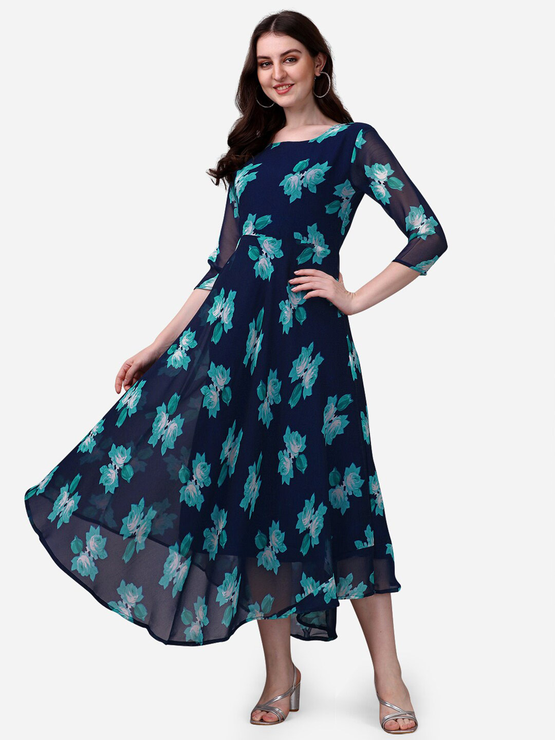

KALINI Floral Printed Georgette Fit & Flare Midi Dress, Navy blue