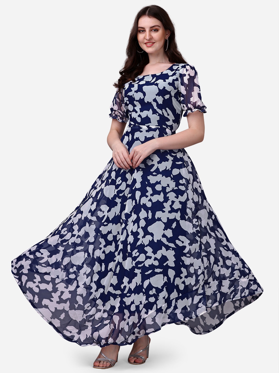 

KALINI Abstract Printed Puff Sleeve Georgette Maxi Dress, Blue
