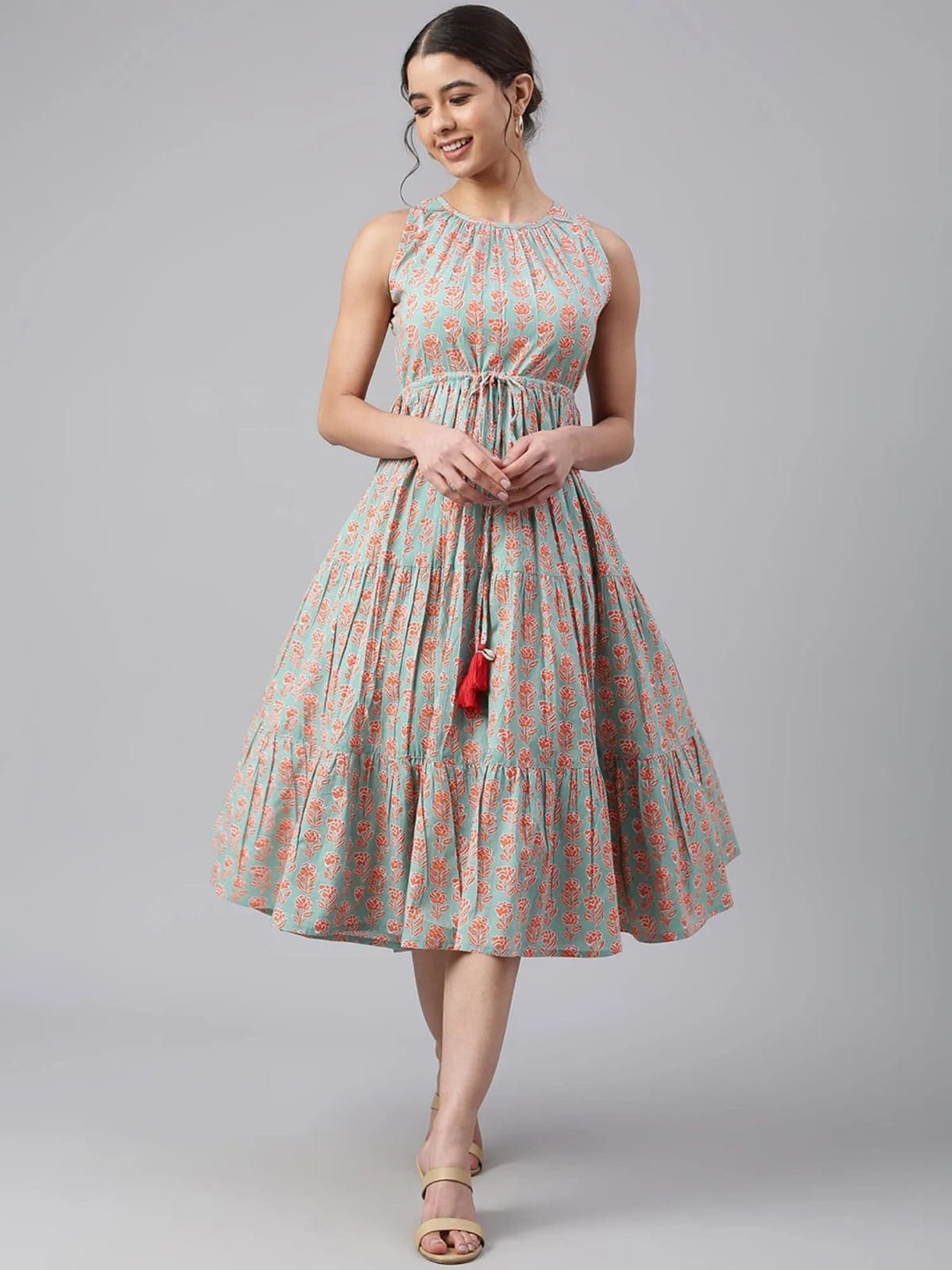 

SHOOLIN Floral Print Cotton Fit & Flare Midi Dress, Beige