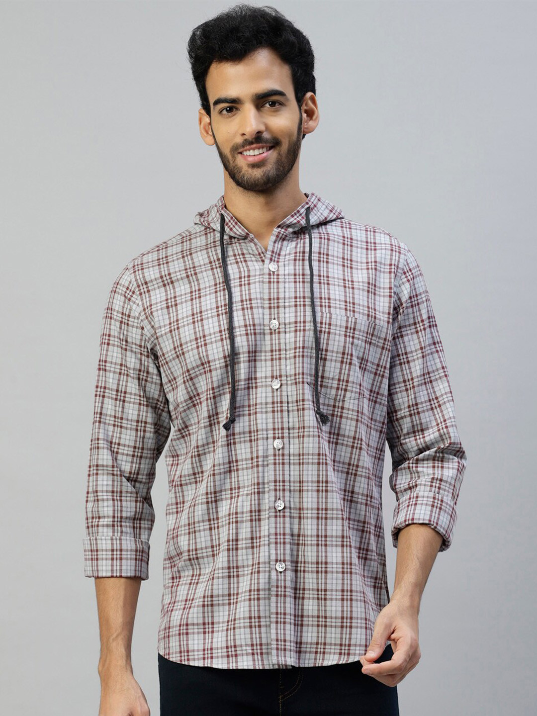 

DON VINO Hooded Comfort Tartan Checked Casual Cotton Shirt, Grey
