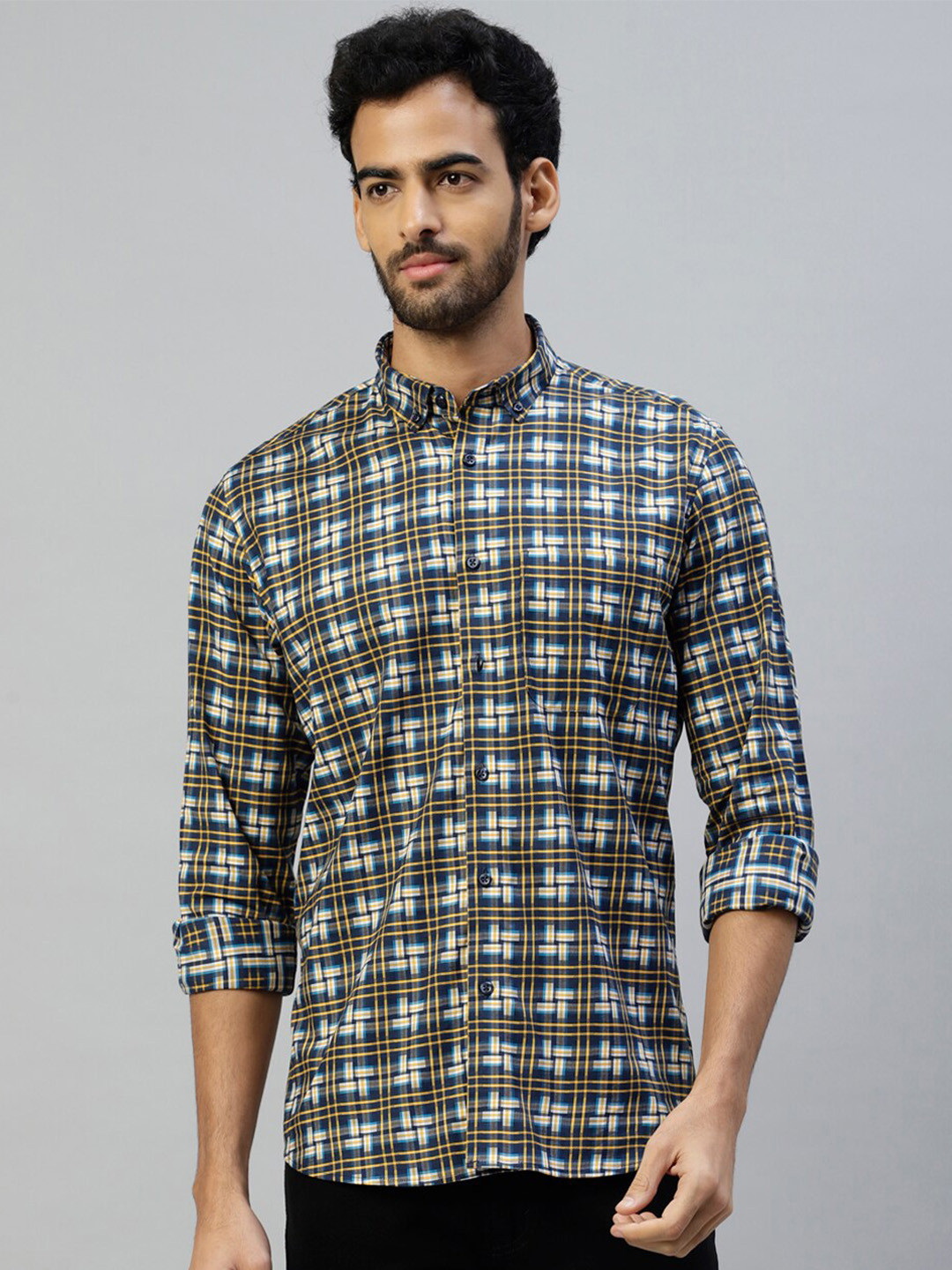 

DON VINO Comfort Tartan Checks Button-Down Collar Long Sleeves Cotton Casual Shirt, Blue