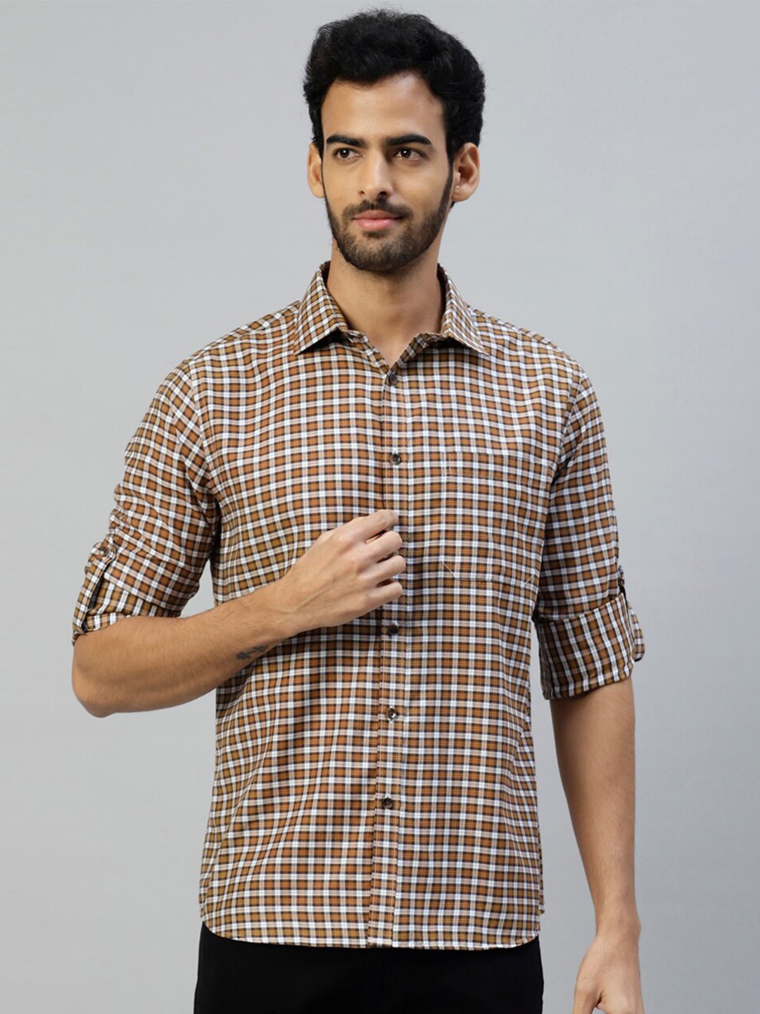 

DON VINO Comfort Tartan Checked Roll-Up Sleeves Casual Shirt, Mustard