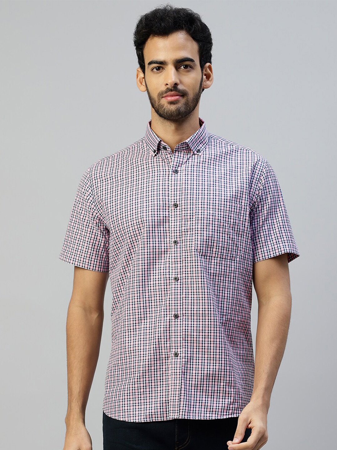 

DON VINO Comfort Grid Tattersall Checked Short Sleeves Casual Shirt, Pink