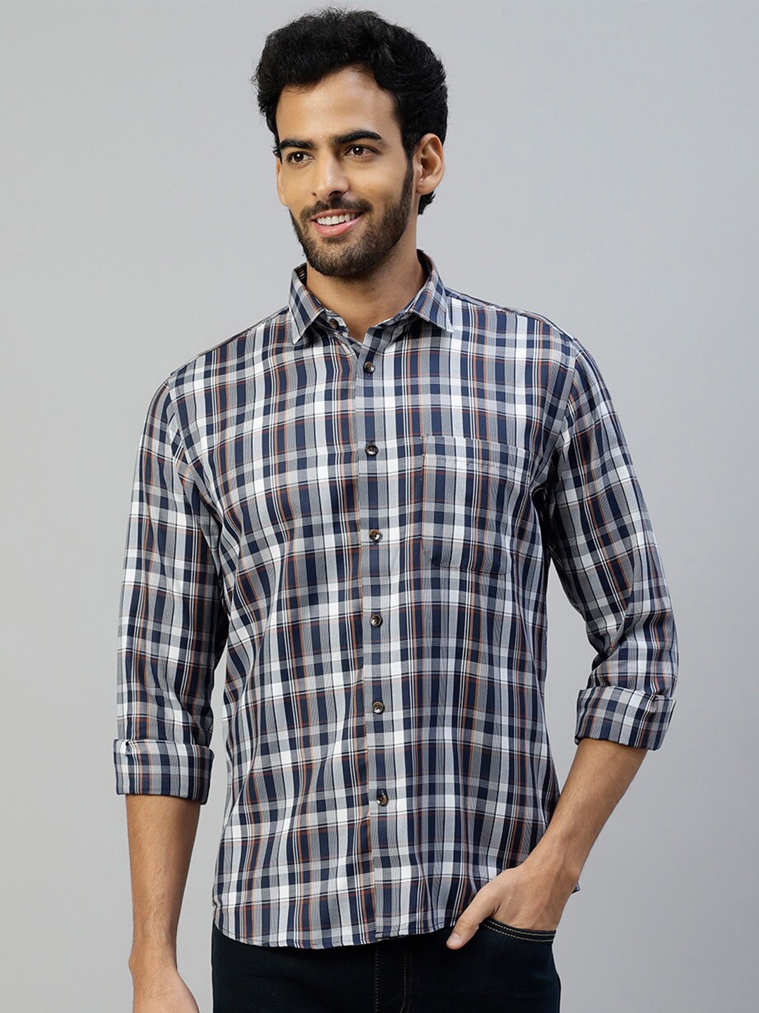 

DON VINO Comfort Tartan Checks Spread Collar Long Sleeves Cotton Casual Shirt, Blue