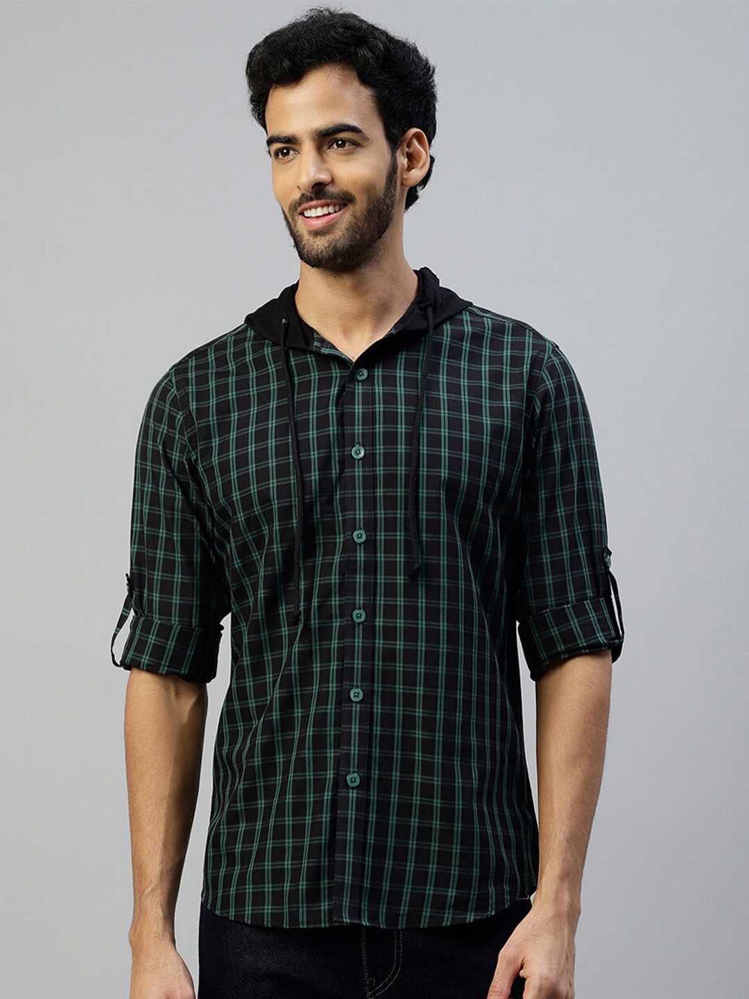 

DON VINO Comfort Tartan Checked Hooded Roll-Up Sleeves Cotton Casual Shirt, Black