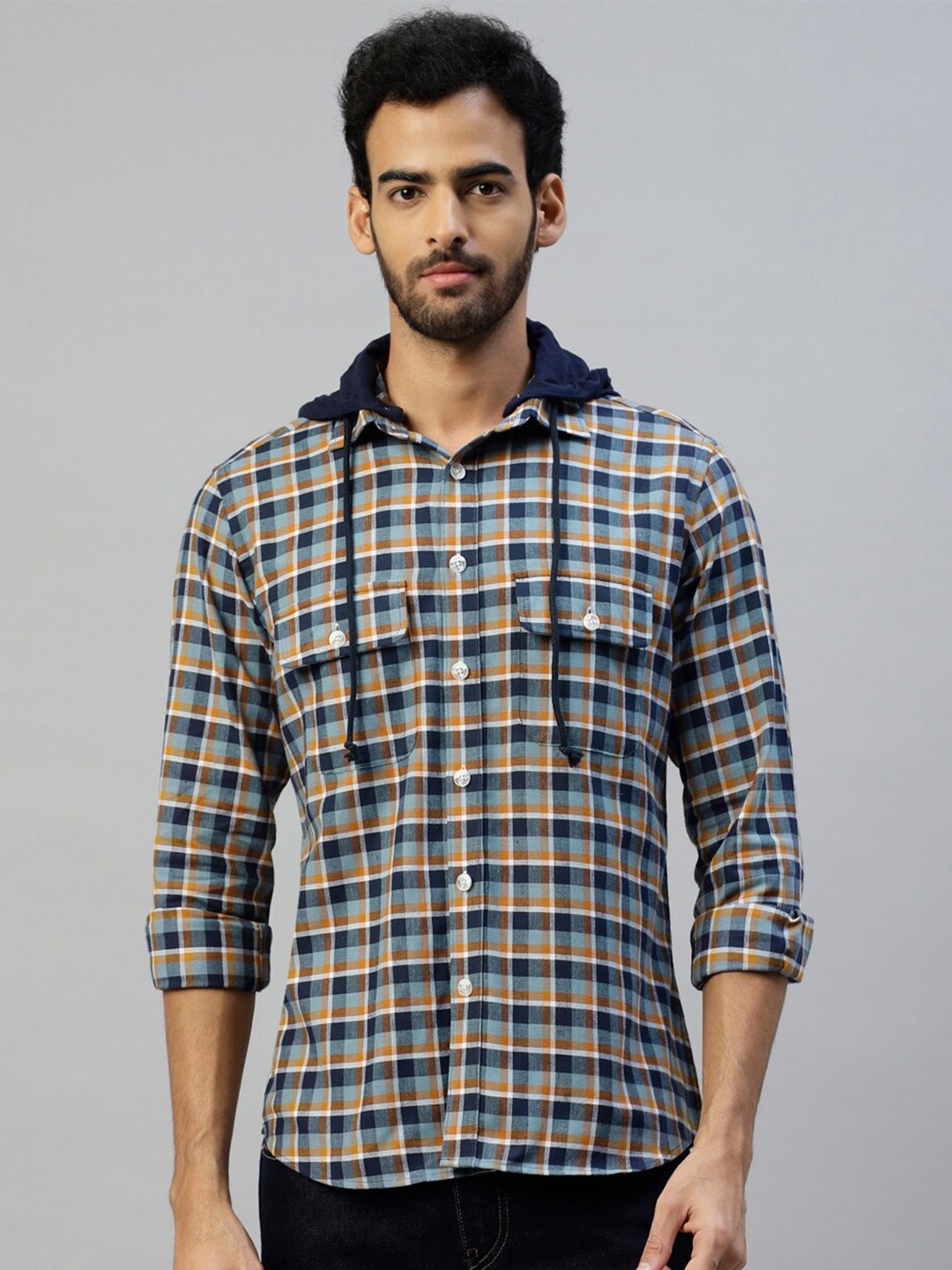 

DON VINO Hooded Comfort Tartan Checked Casual Cotton Shirt, Blue