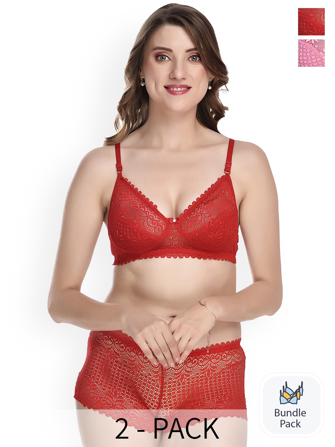 

PIBU Pack Of 2 Cotton Lingerie Set PE_Net set_Red,Orange_30, Pink