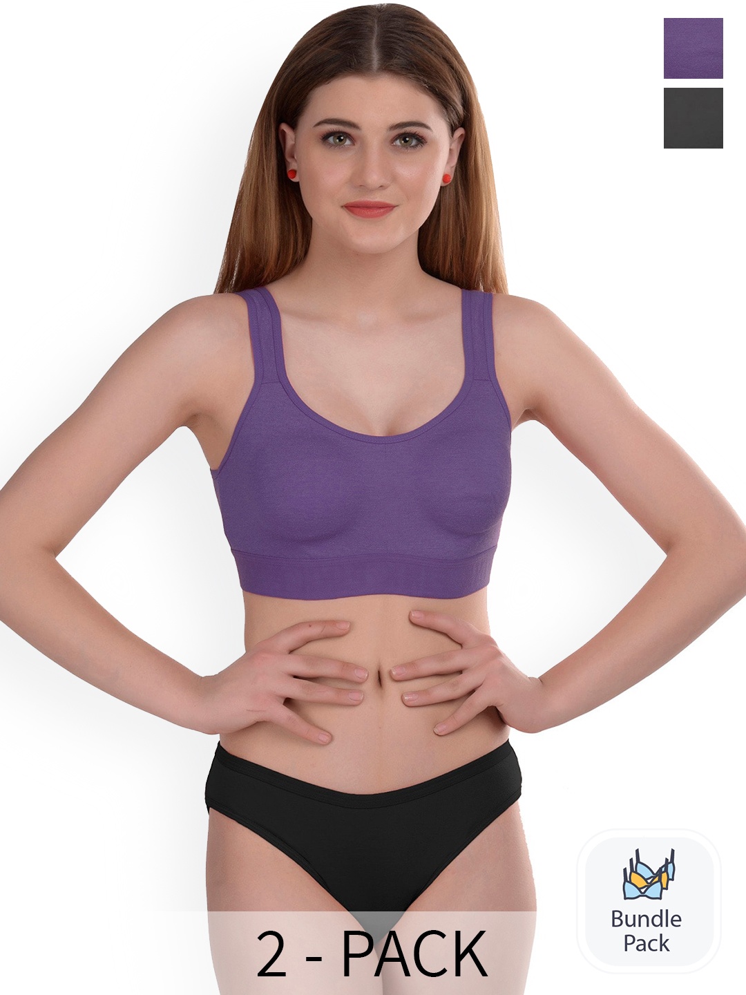 PIBU Pack Of 2 Cotton Non-Padded Lingerie Set, Purple