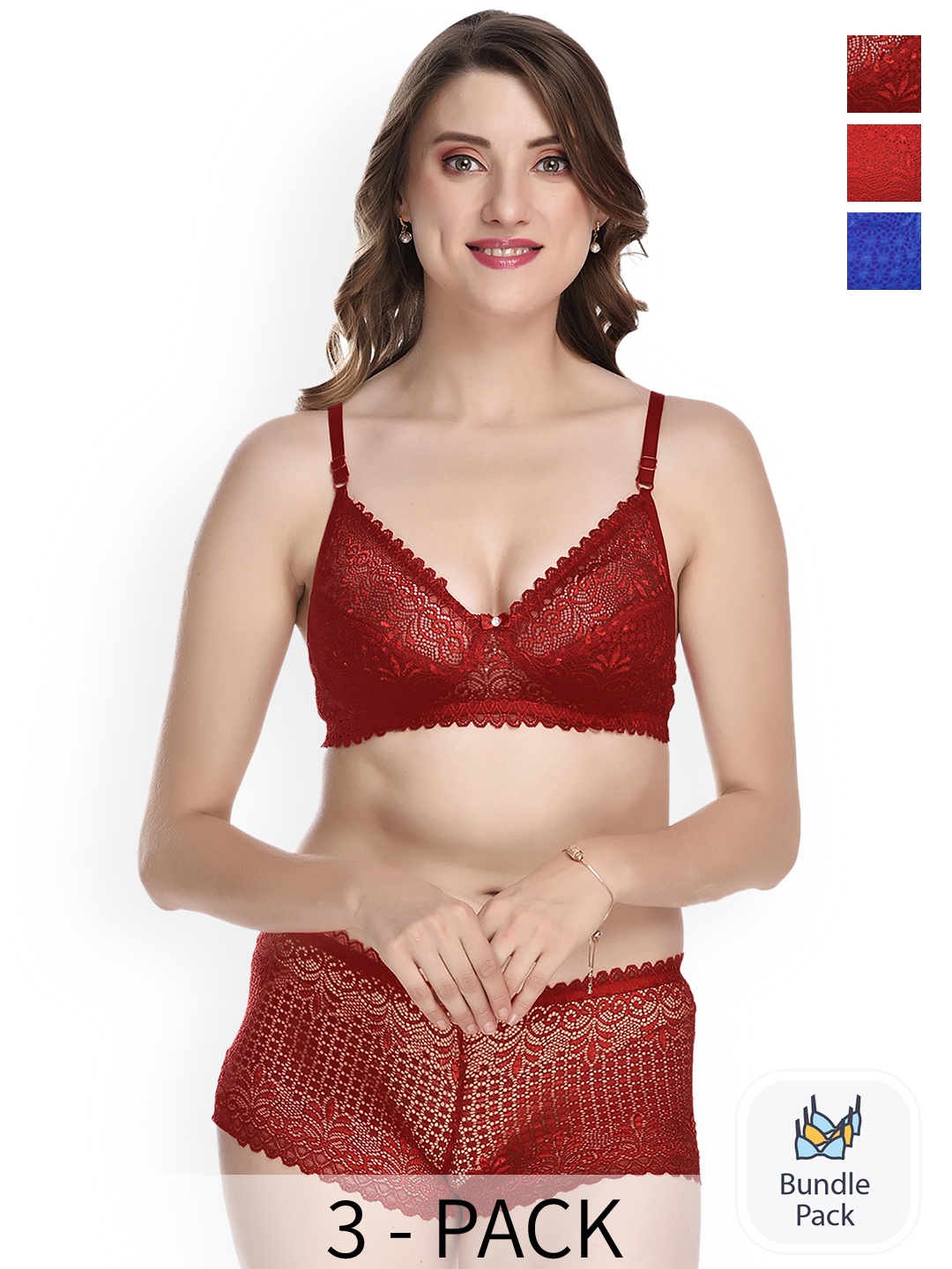 

PIBU Pack Of 3 Lace Self-Deign Cotton Lingerie Set, Red
