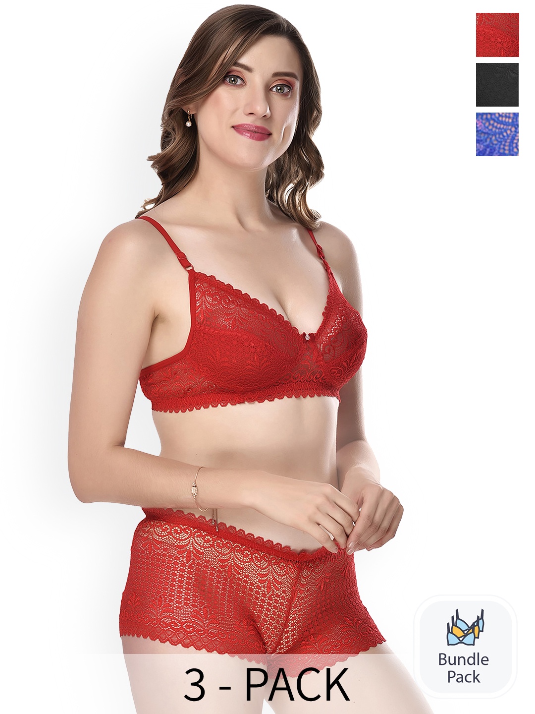 

PIBU Pack Of 3 Self Design Cotton Lingerie Set, Red