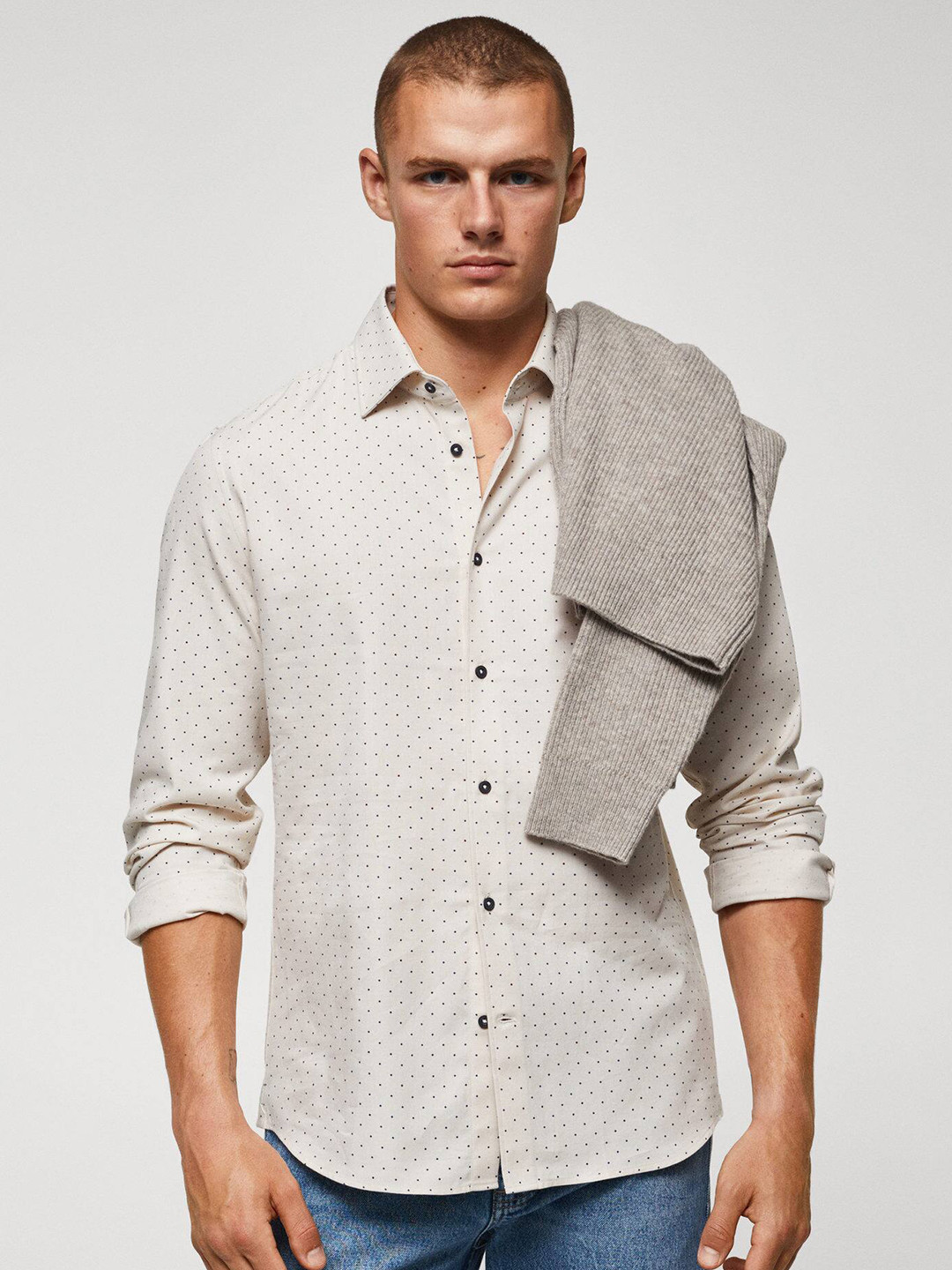 

MANGO MAN Slim Fit Opaque Geometric Printed Pure Cotton Casual Shirt, Beige