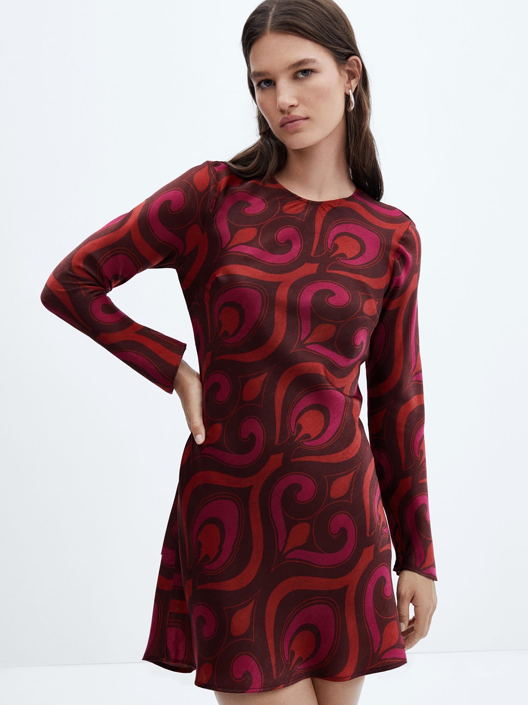 

MANGO Printed Back Tie-Up A-Line Mini Dress, Maroon