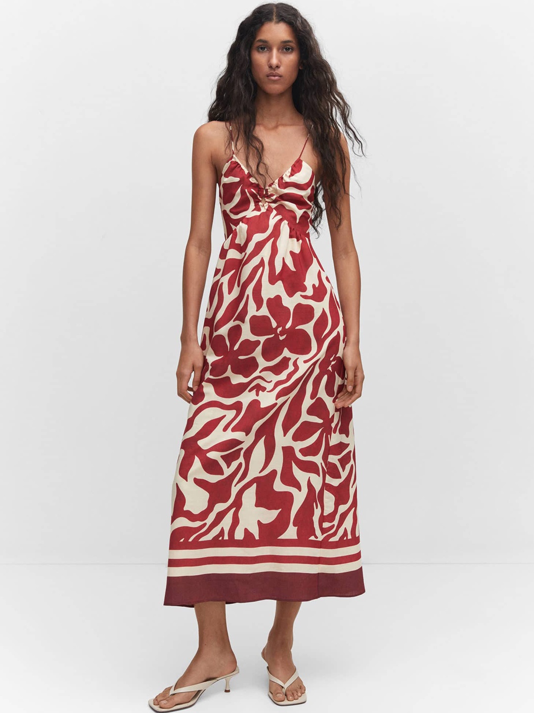 

MANGO Floral Print A-Line Midi Styled Back Dress, Red