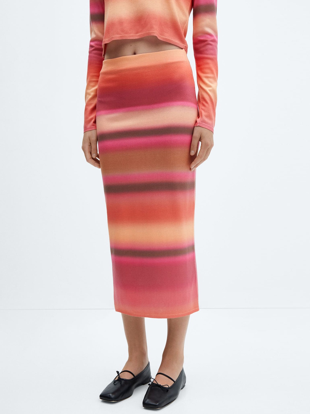 

MANGO Striped Acrylic Knitted Straight Midi Skirt, Coral