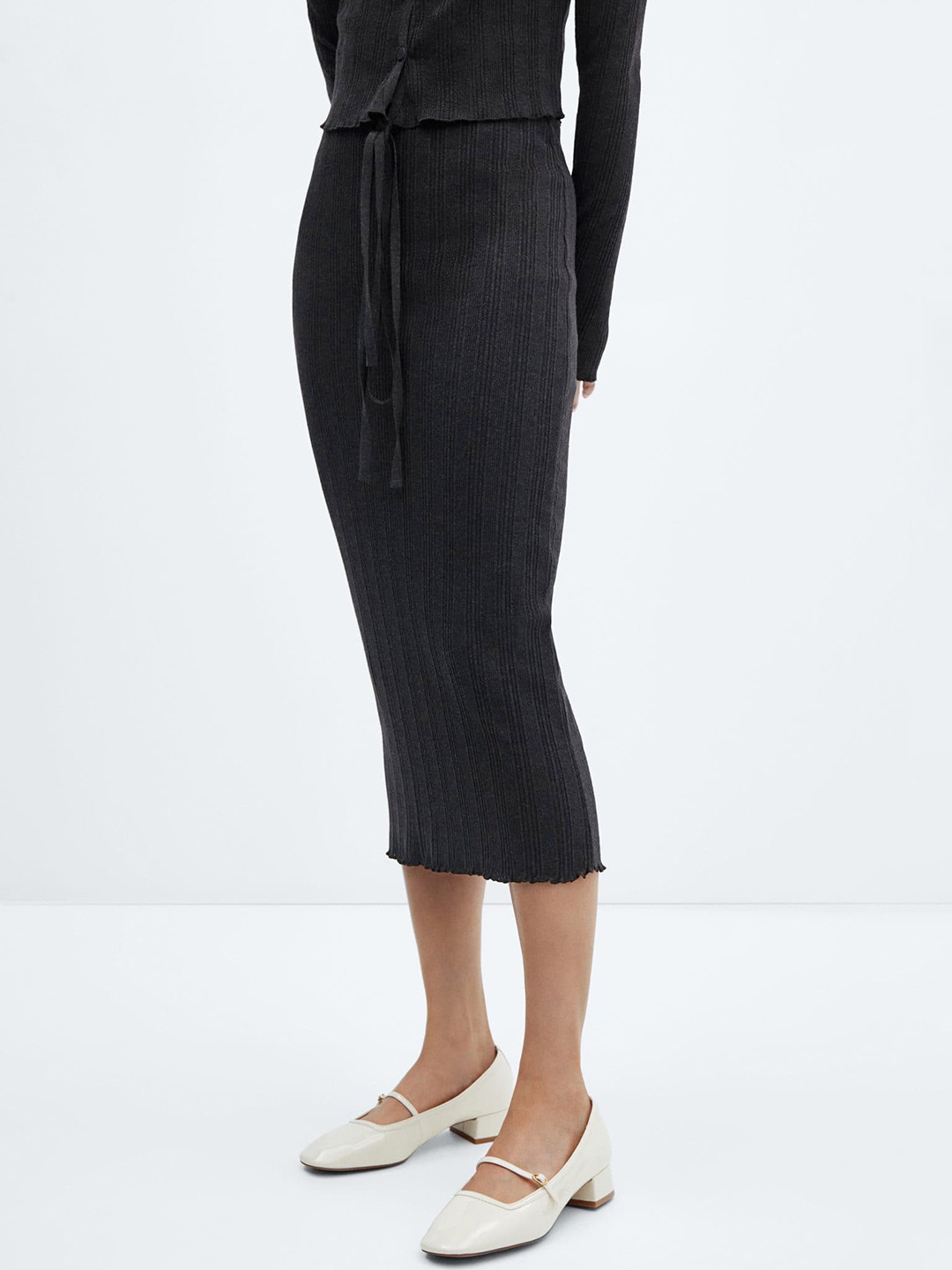 

MANGO Ribbed Pencil Midi Skirt, Charcoal
