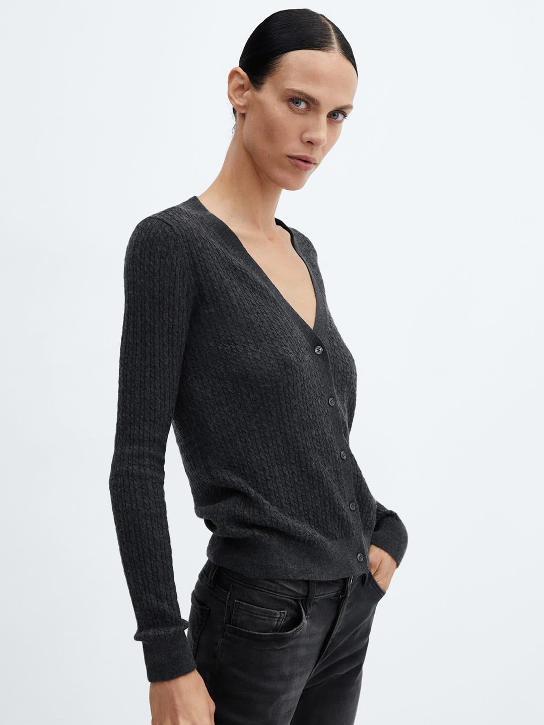 

MANGO Cable Knit Cardigan, Charcoal