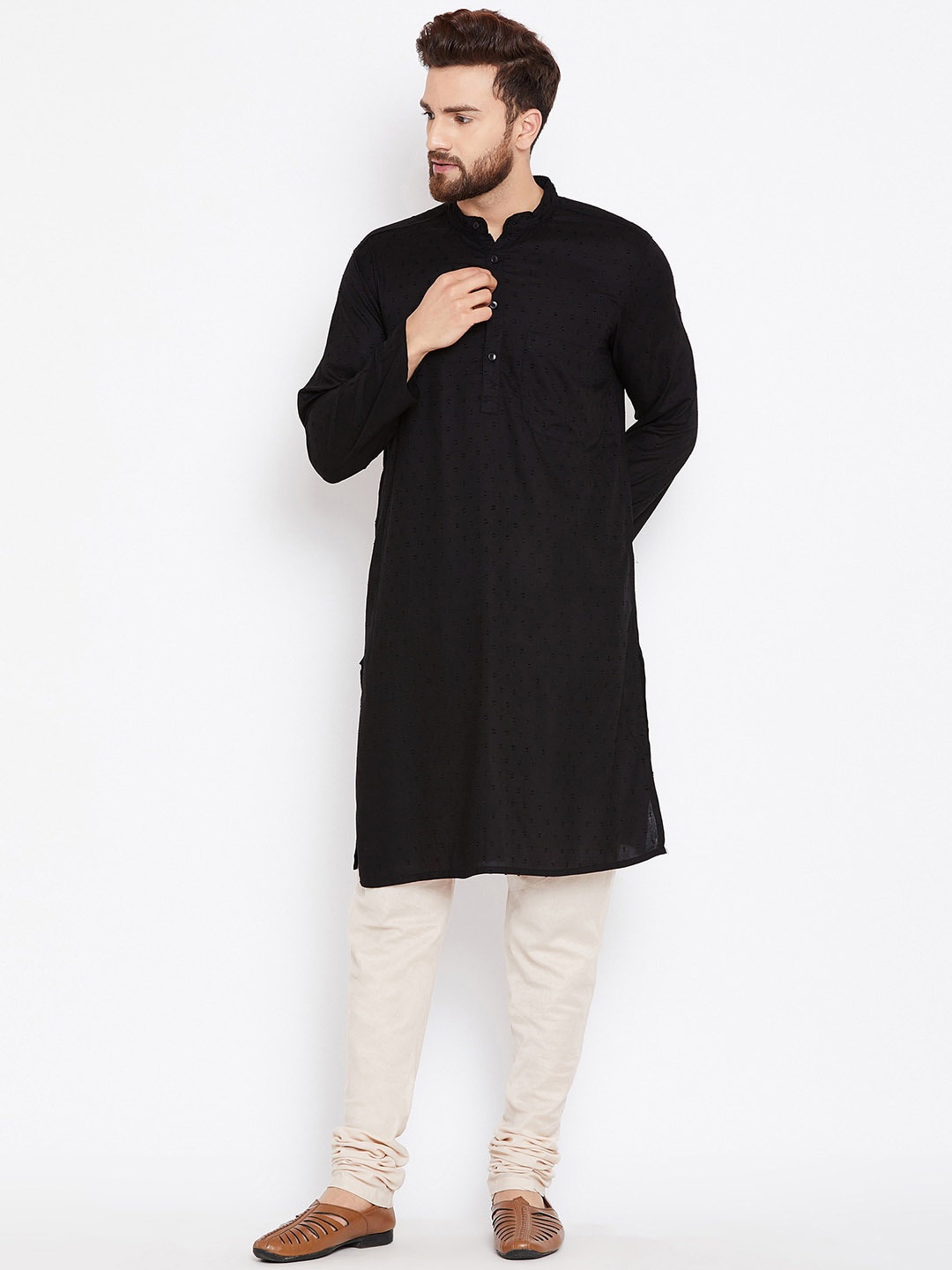 

even Woven Design Band Collar Cotton Kurta, Black