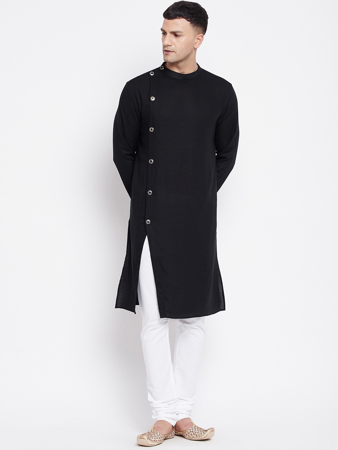 

even Band Collar Linen Kurta, Black