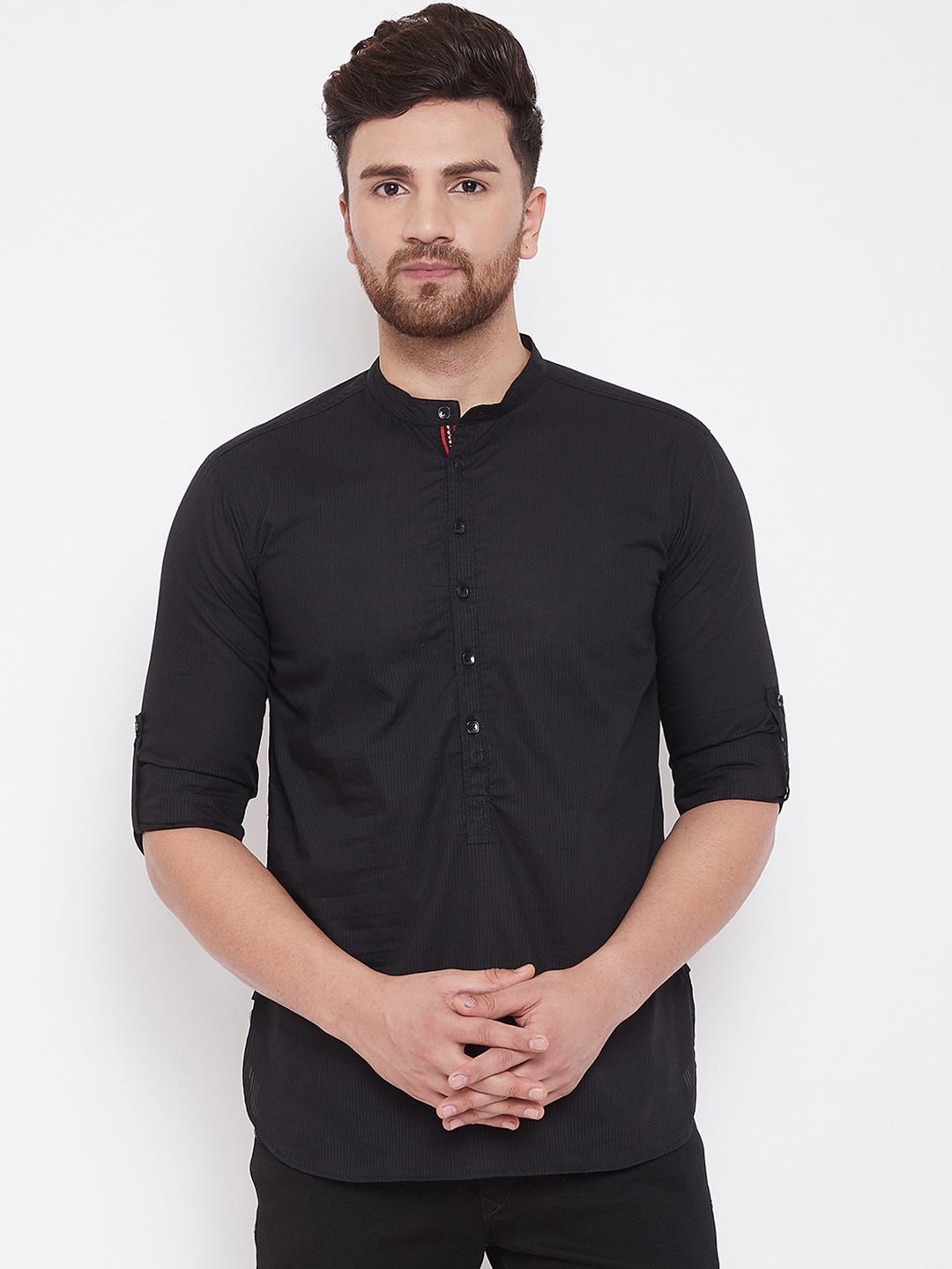 

even Band Collar Roll-Up Sleeves Cotton Kurta, White