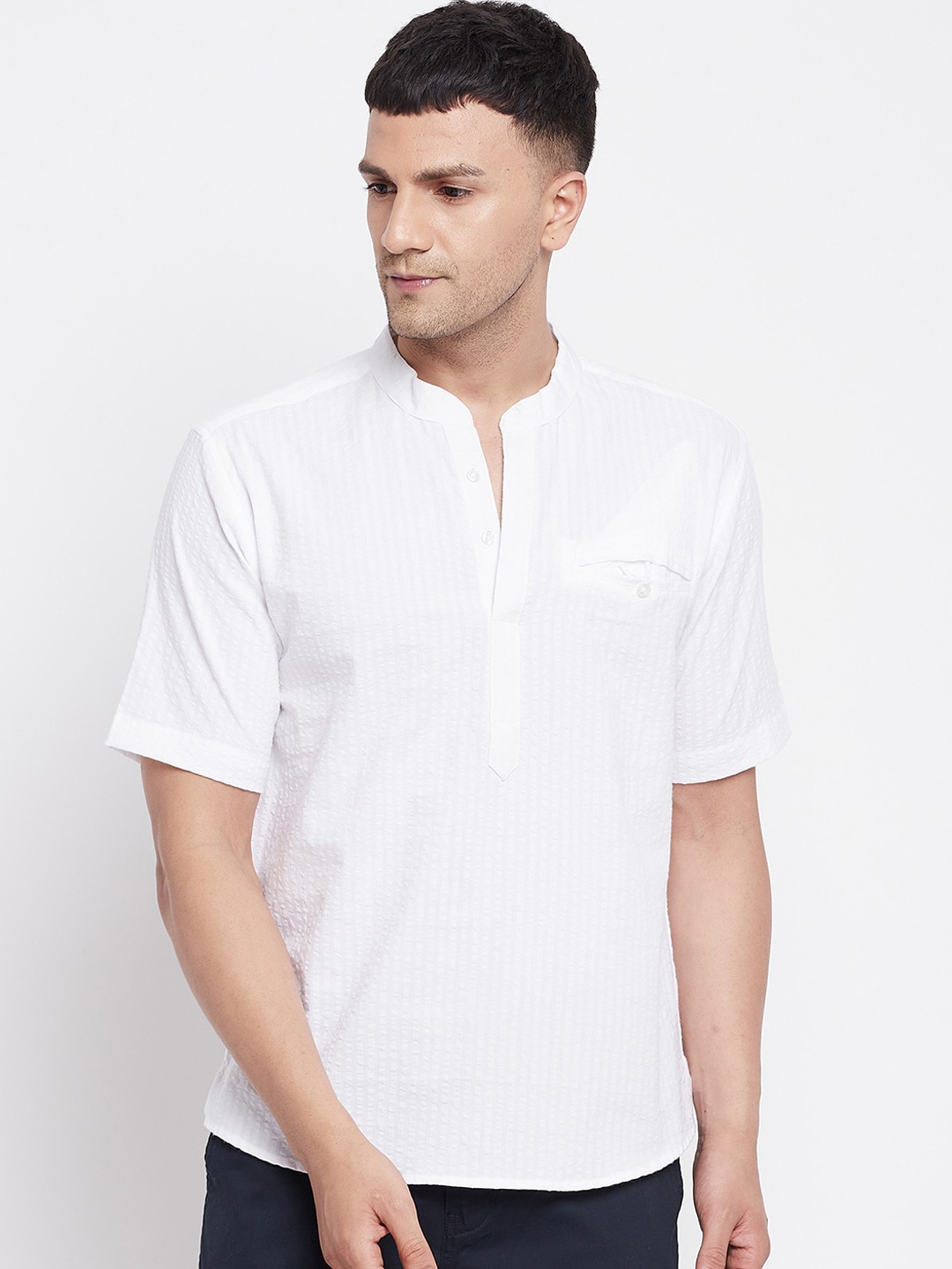 

even Striped Band Collar Cotton Short Kurta, White