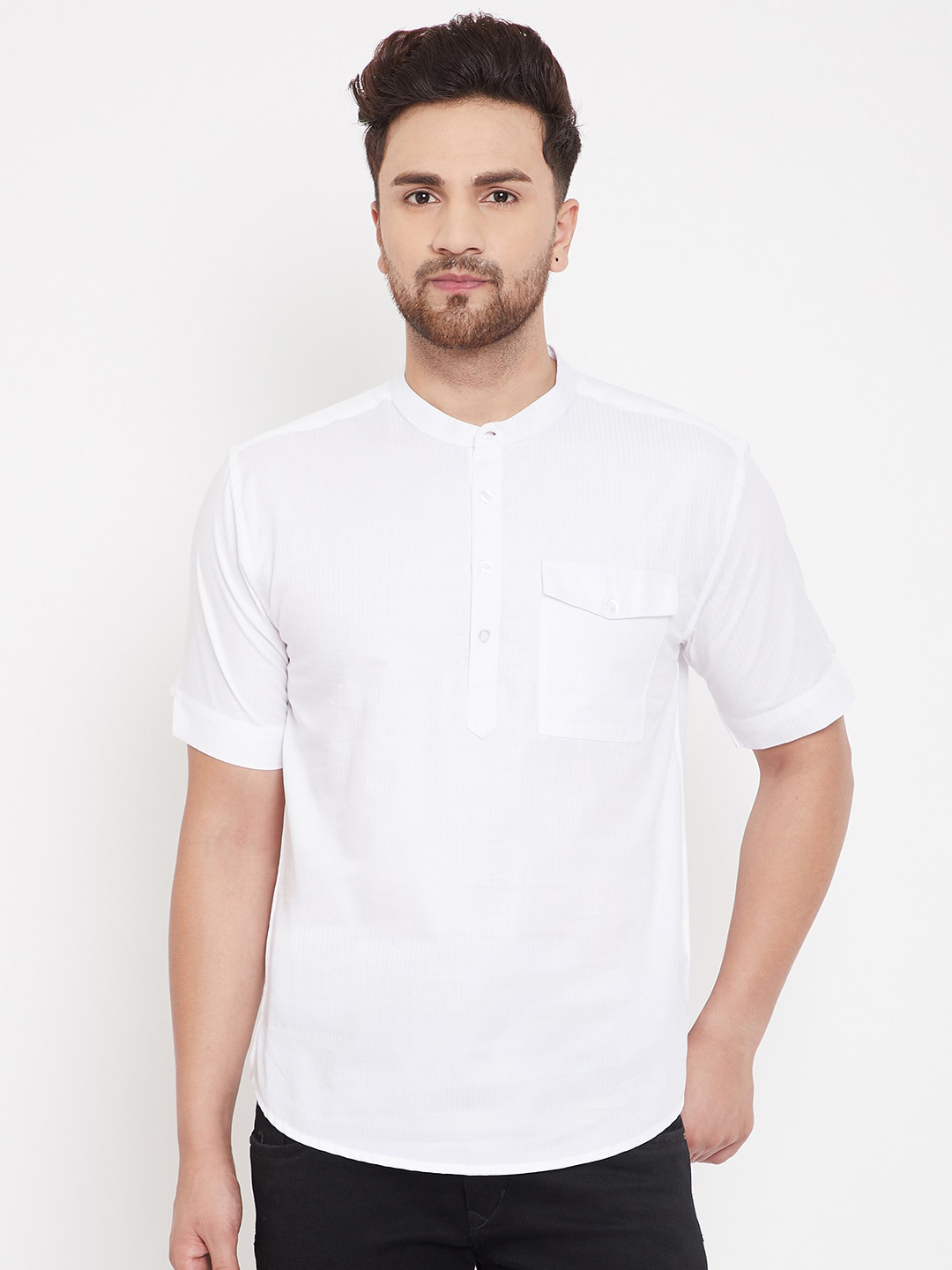 

even Striped Woven Design Band Collar Cotton Short Kurta, White
