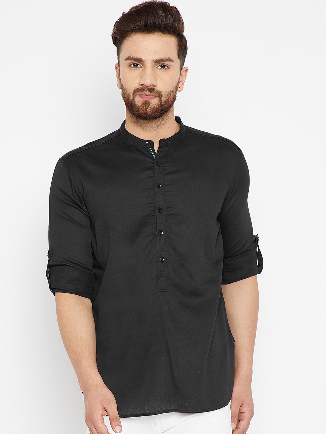 

even Band Collar Roll-Up Sleeves Cotton Short Kurta, Black