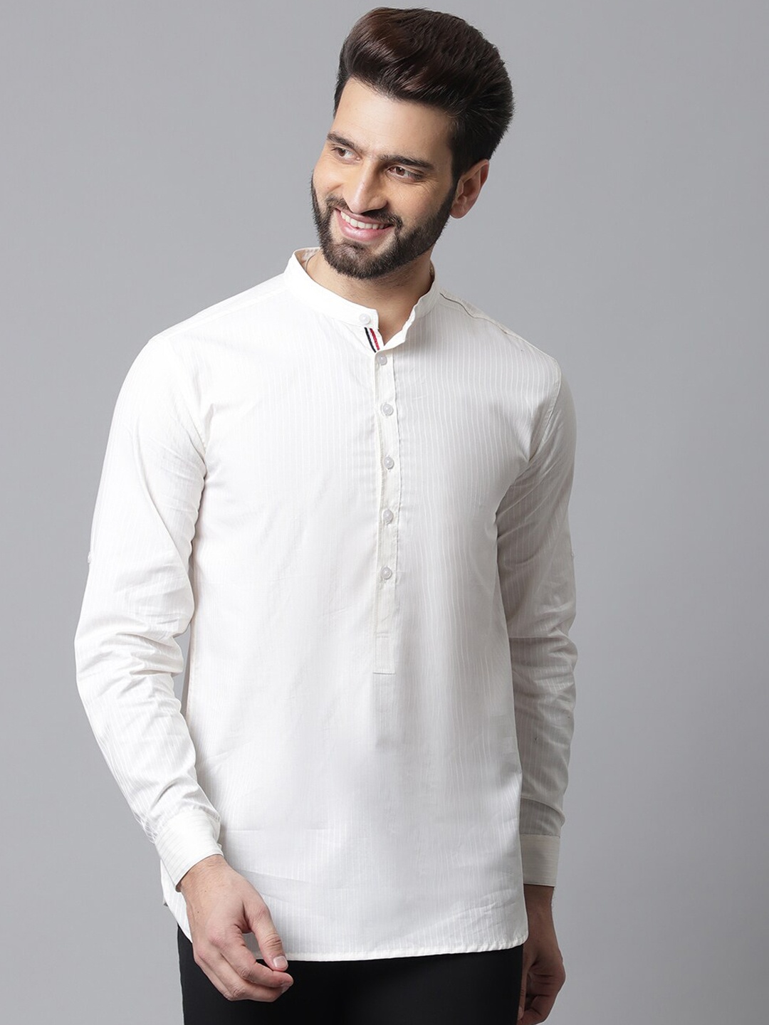 

even Striped Woven Design Band Collar Cotton Short Kurta, Off white