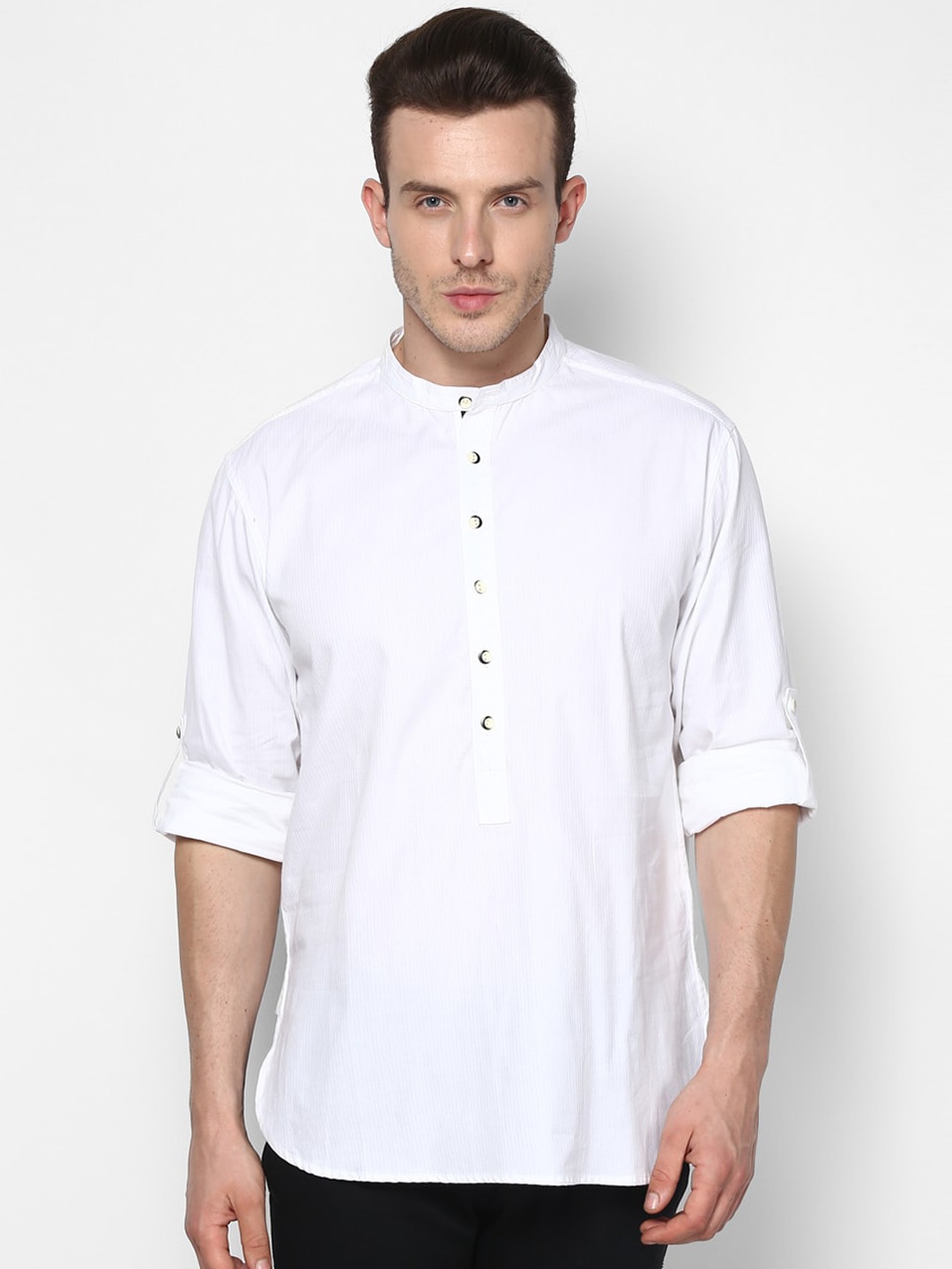 

even Cotton Mandarin Collar Roll-Up Sleeves Kurta, White