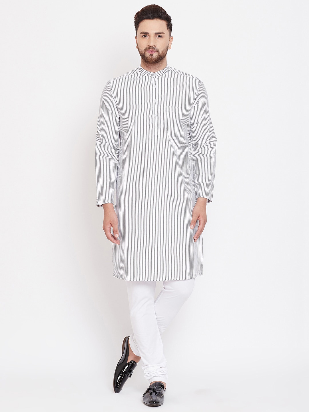 

even Striped Band Collar Cotton Kurta, White