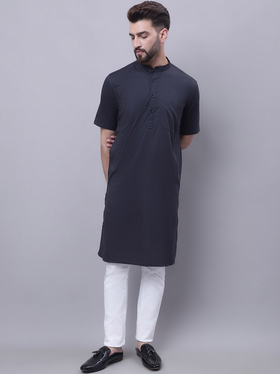 

even Floral Woven Design Band Collar Thread Work Cotton Kurta, Black