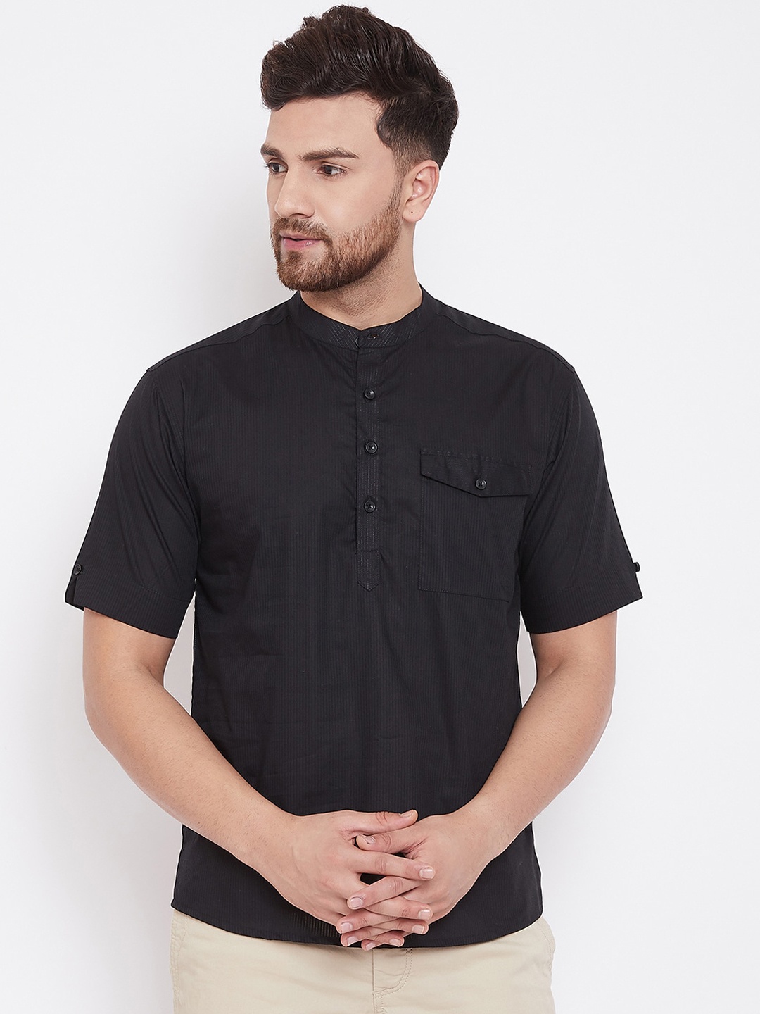

even Striped Woven Design Band Collar Cotton Short Kurta, Black