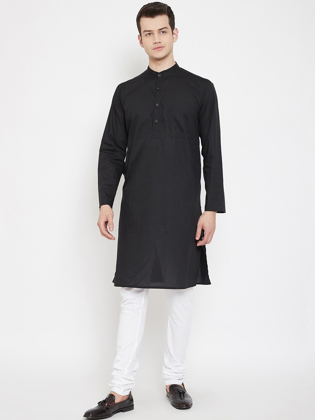 

even Striped Woven Design Band Collar Cotton Kurta, Black