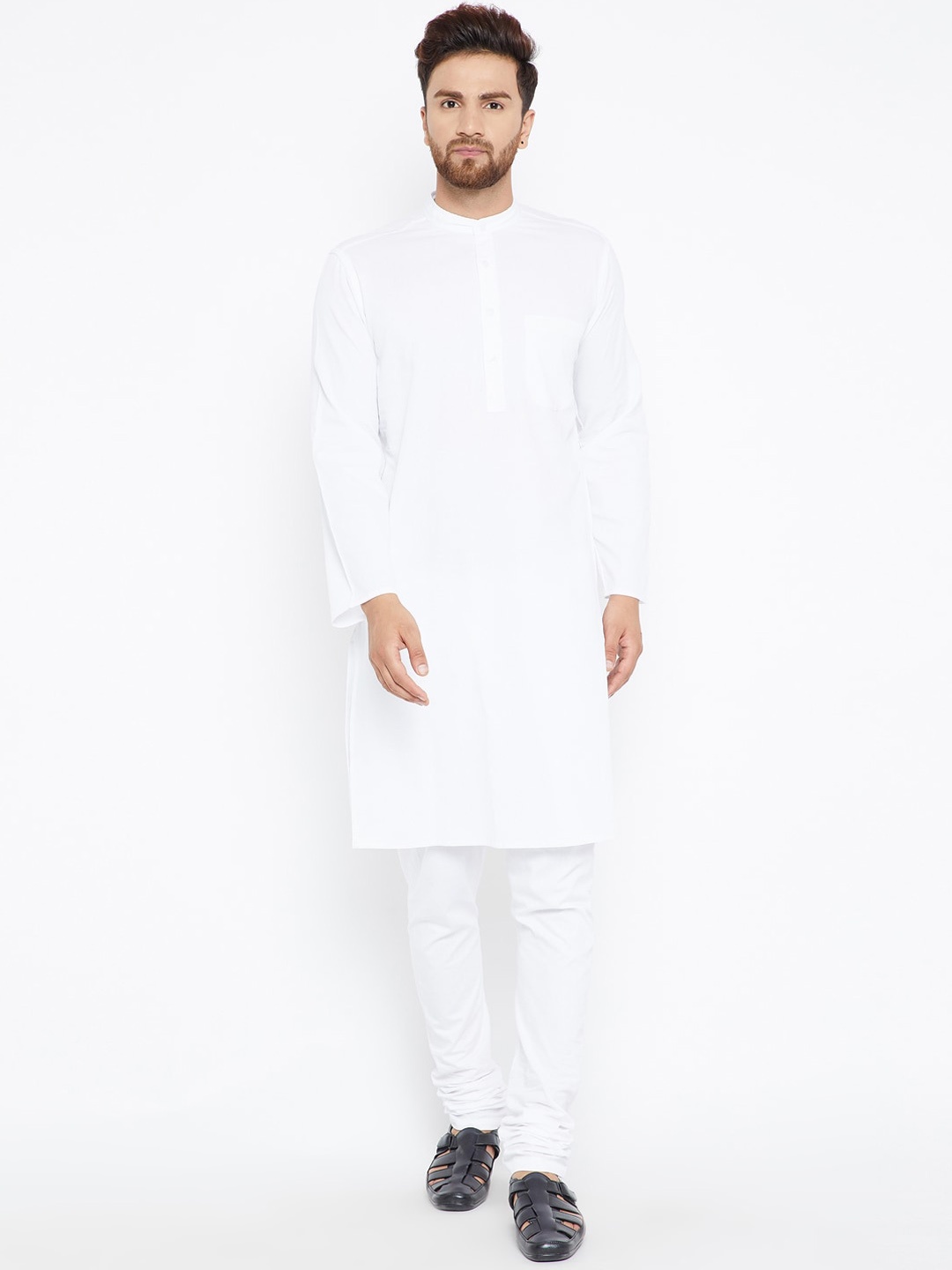 

even Cotton Band Collar Kurta, White