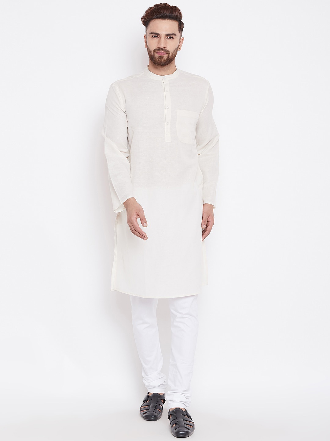 

even Band Collar Linen Kurta, Off white