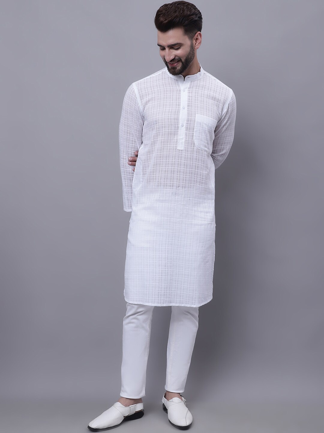 

even Checked Woven Design Band Collar Cotton Kurta, White