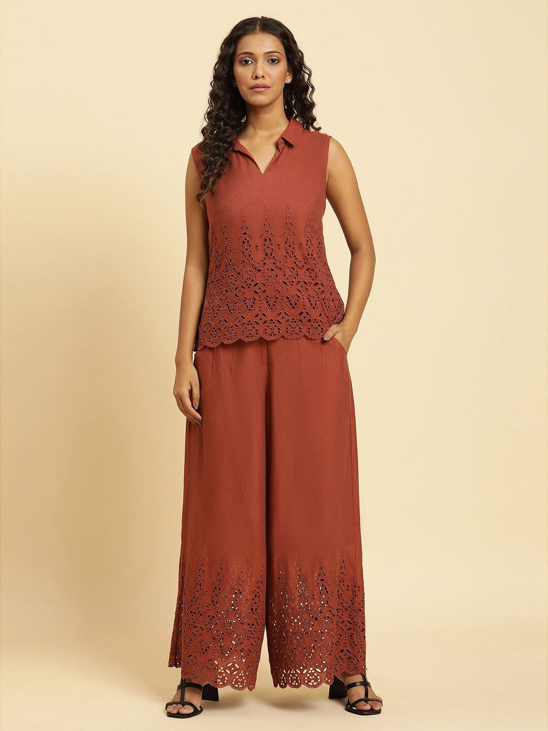 

W Schiffli Sleeveless Shirt Collar Top & Palazzos, Rust