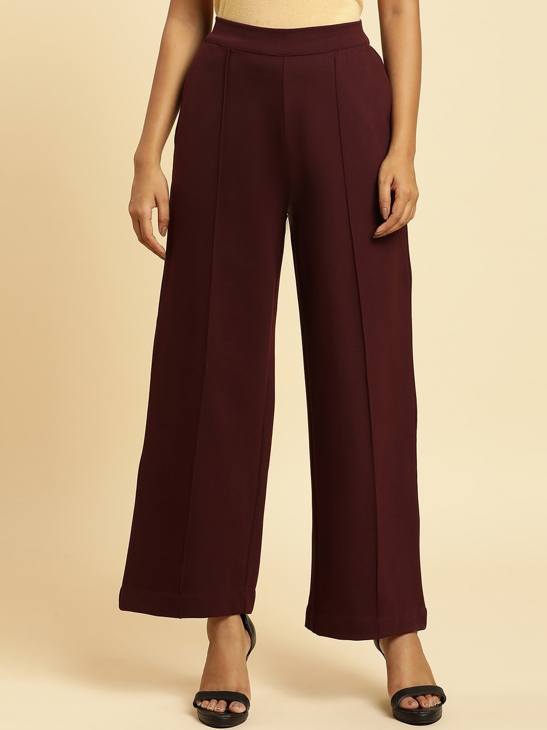 

W Women Mid Rise Straight Fit Parallel Trousers, Burgundy