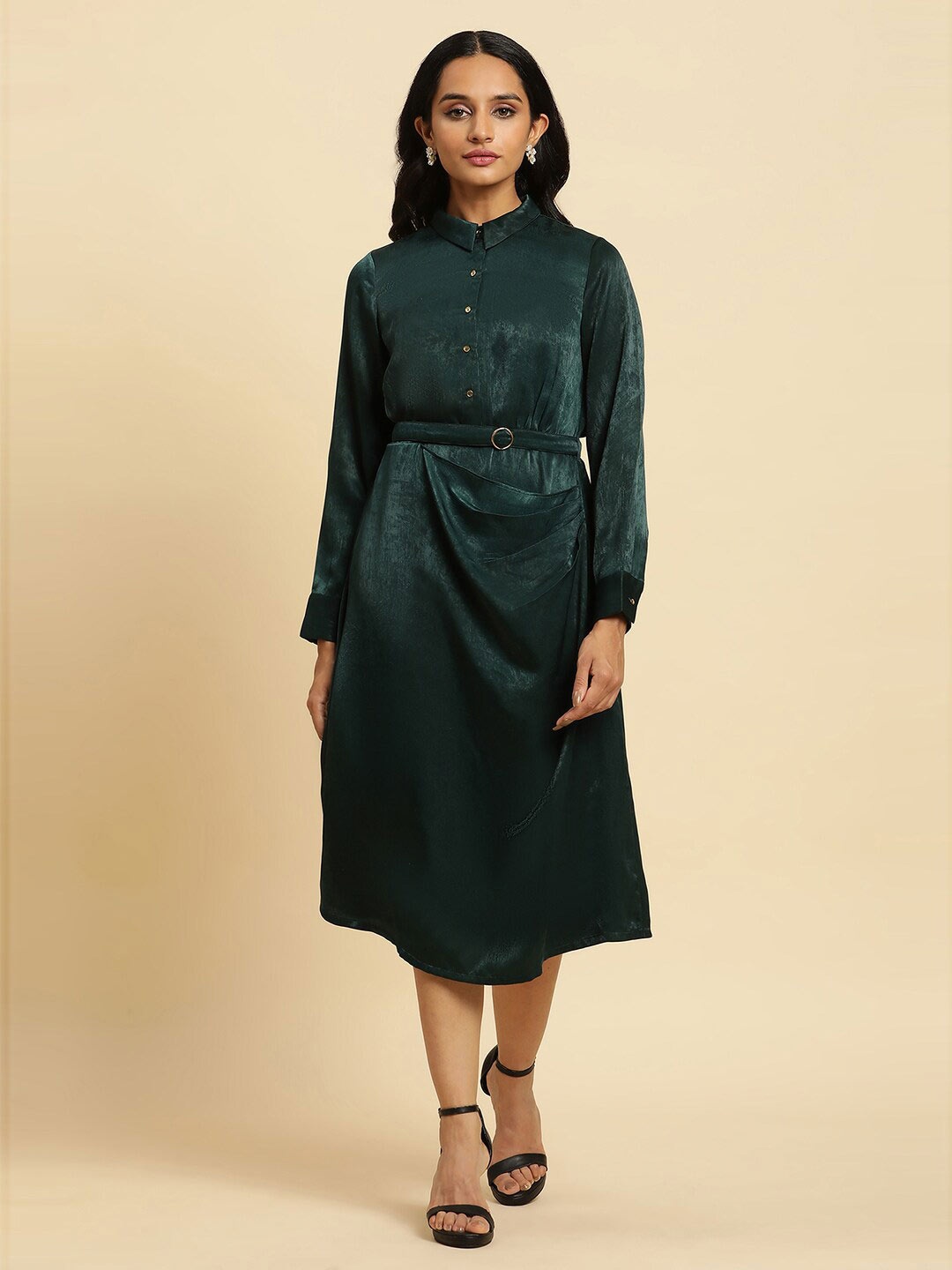 

W Spread Collar Pleated A-Line Midi Dress With Belt, Green