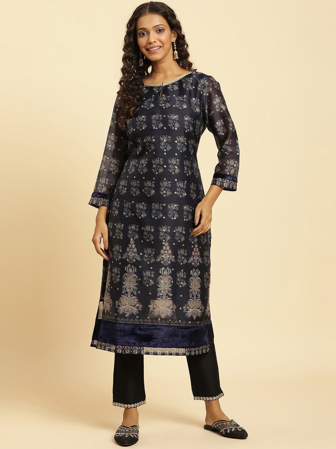 

W Ethnic Motifs Printed Straight Kurta, Navy blue