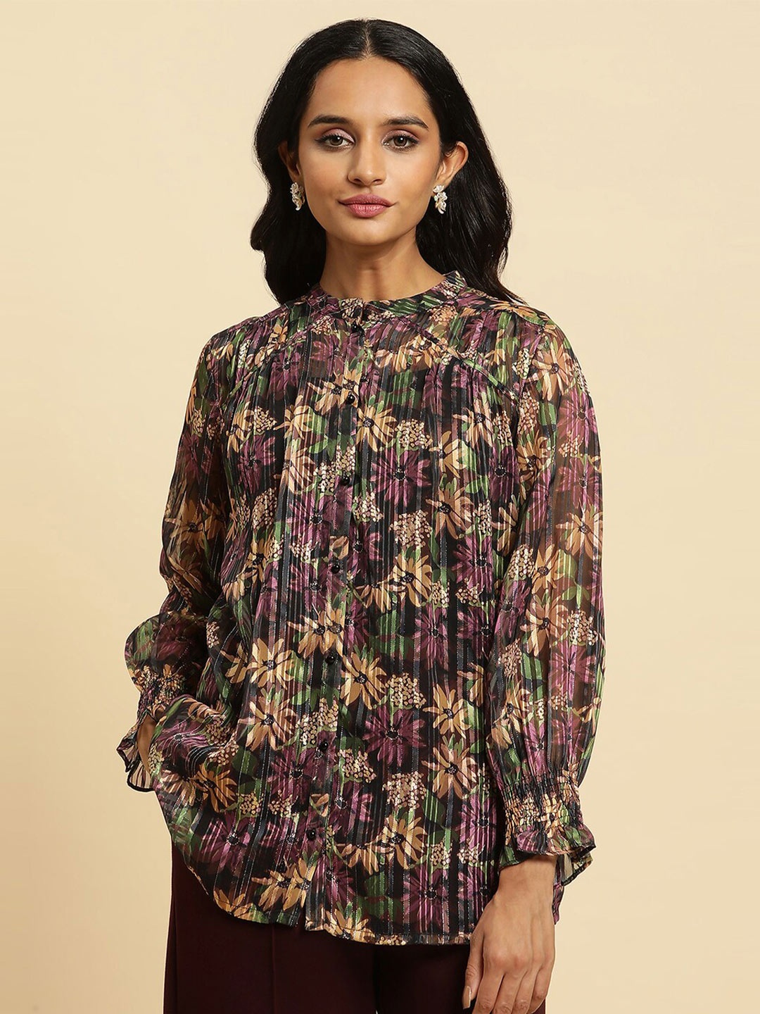 

W Floral Printed Regular Top, Black