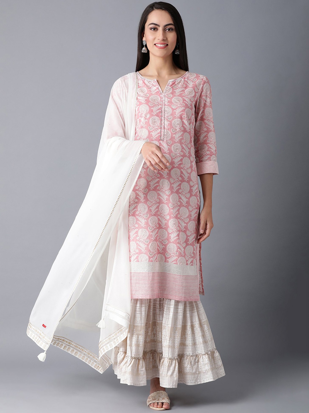 

W Pink Ethnic Motifs Printed Sequinned Pure Cotton Straight Kurta