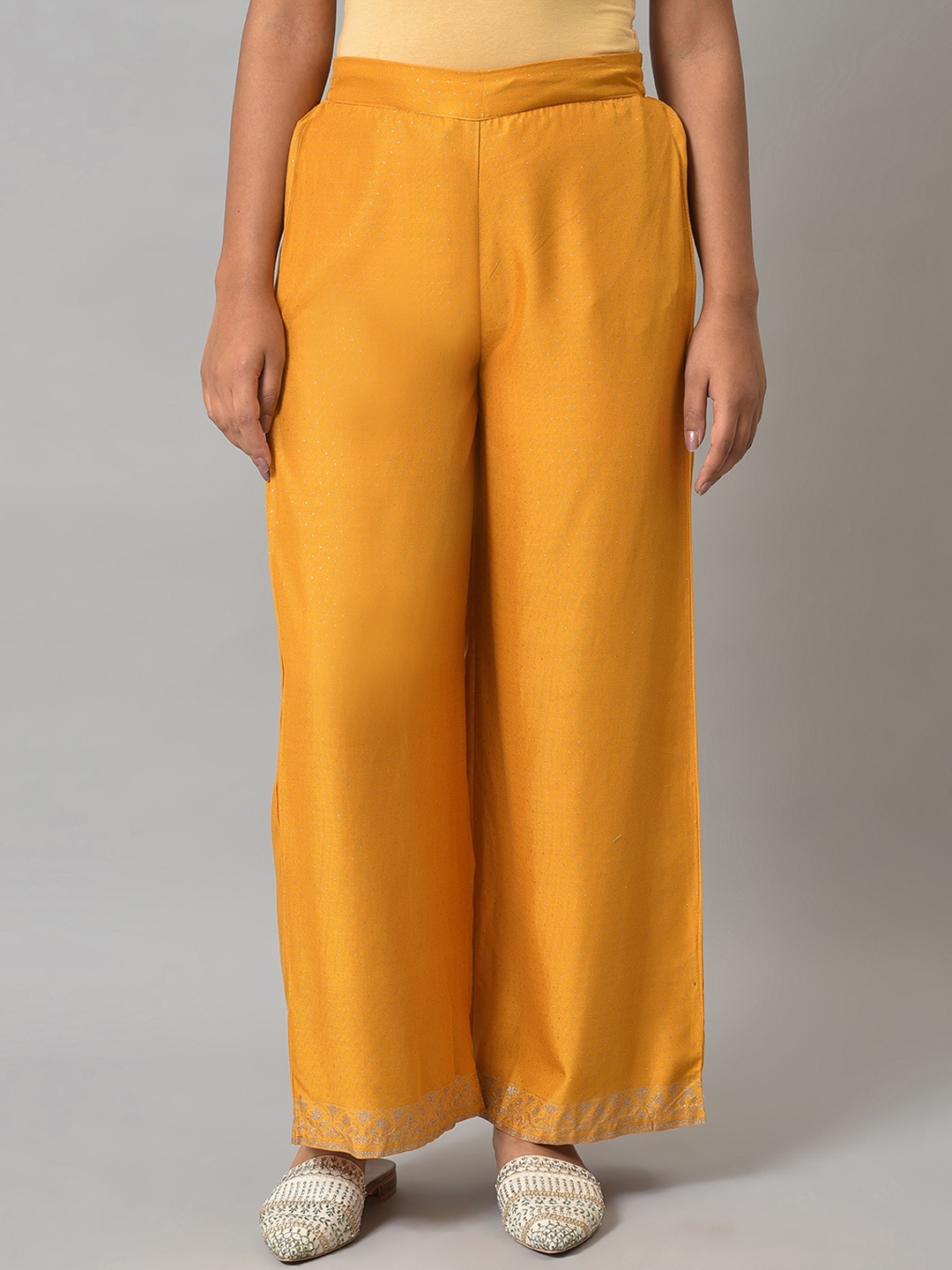 

W Yellow Floral Embellished Wide Leg Palazzos