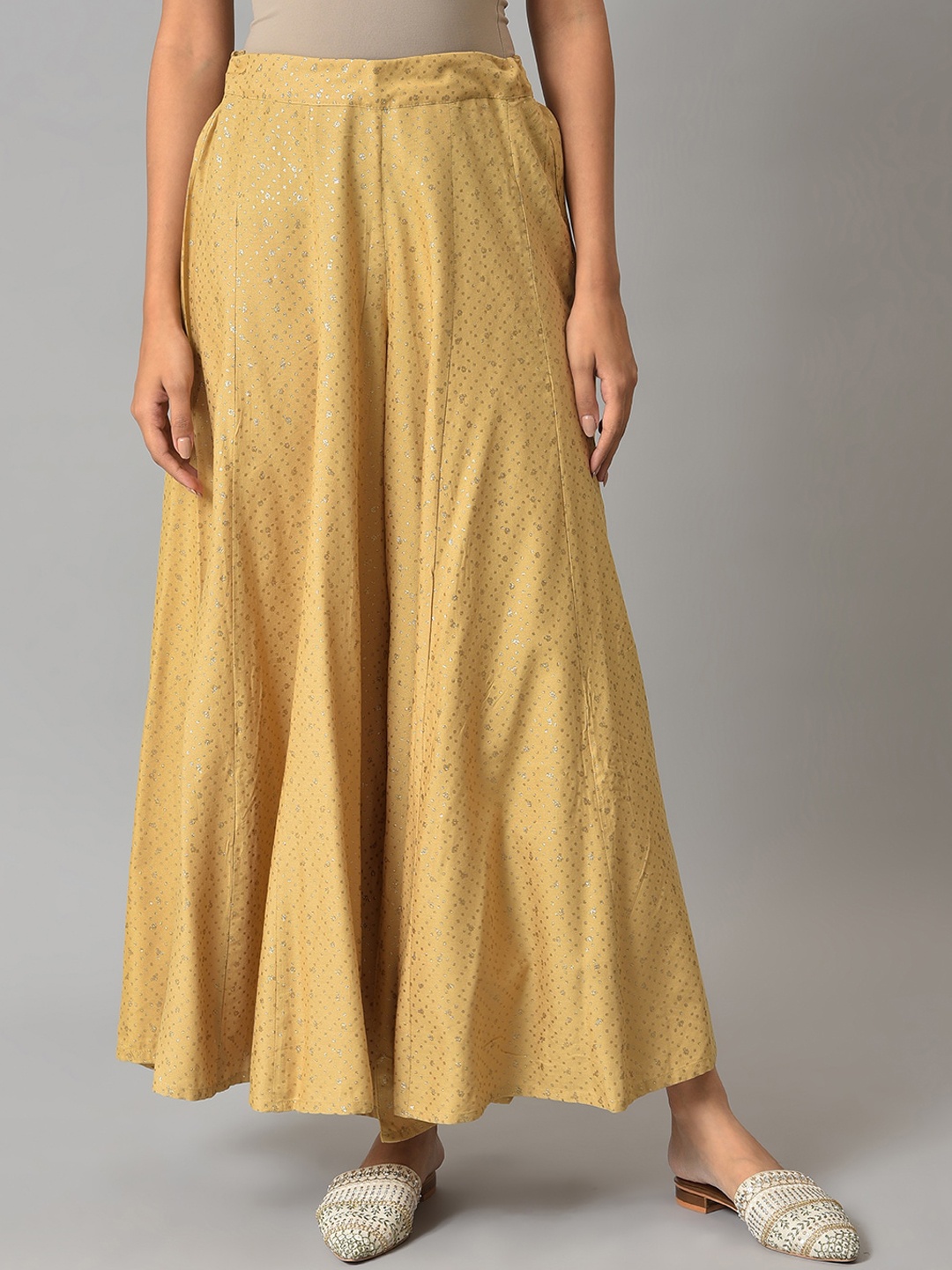 

W Printed Flared Fit Palazzos, Gold